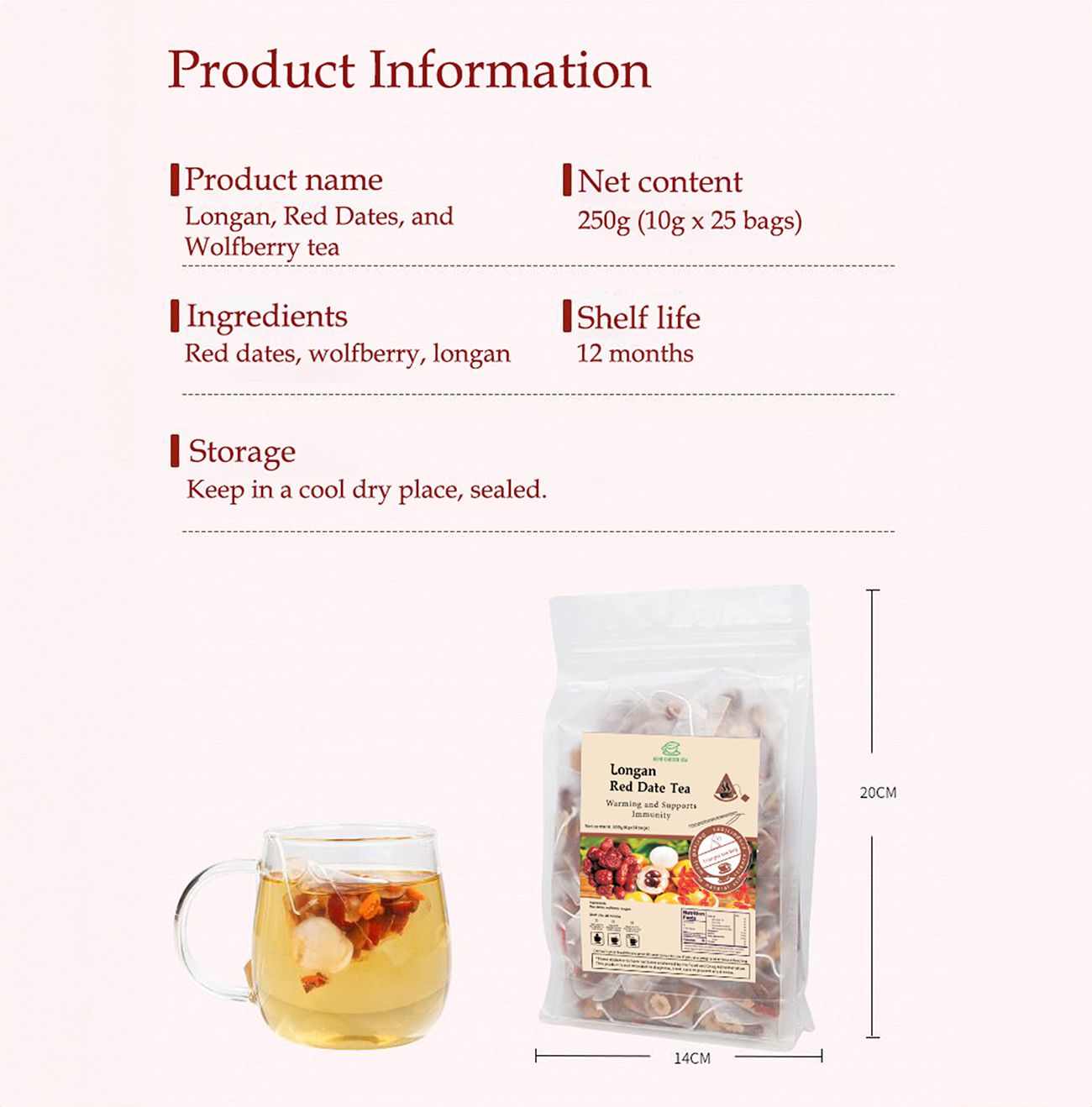 50 Packs Tea Bags – Red Date Kidney Health Herbal Tea Caffeine Free