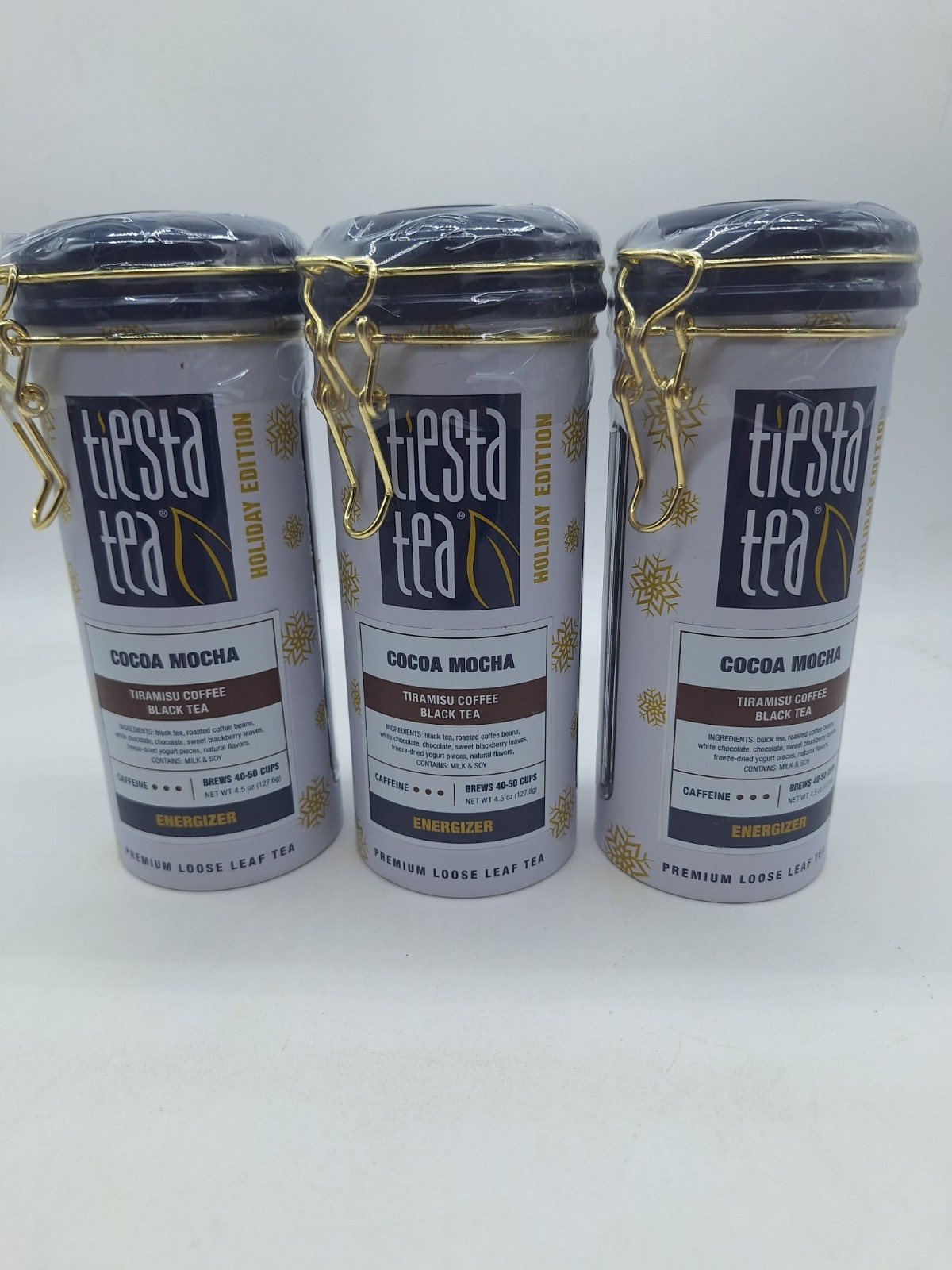 3 Cans Tiesta Tea Cocoa Mocha Tiramisu Coffee Black Tea Holiday Edition 4.5 Oz.