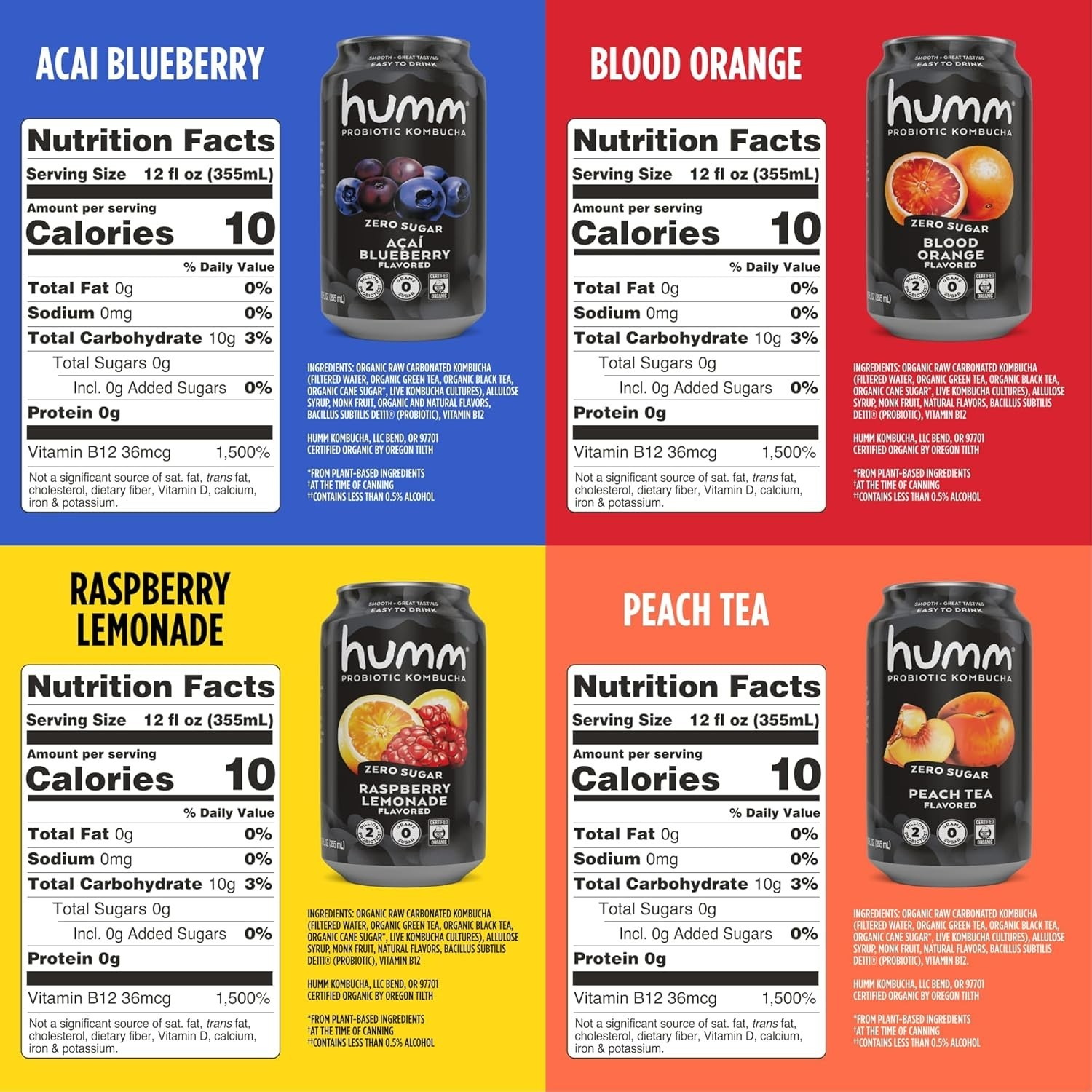 Humm Probiotic Kombucha Zero Sugar Variety Pack, No Refrigeration Needed, Ket…