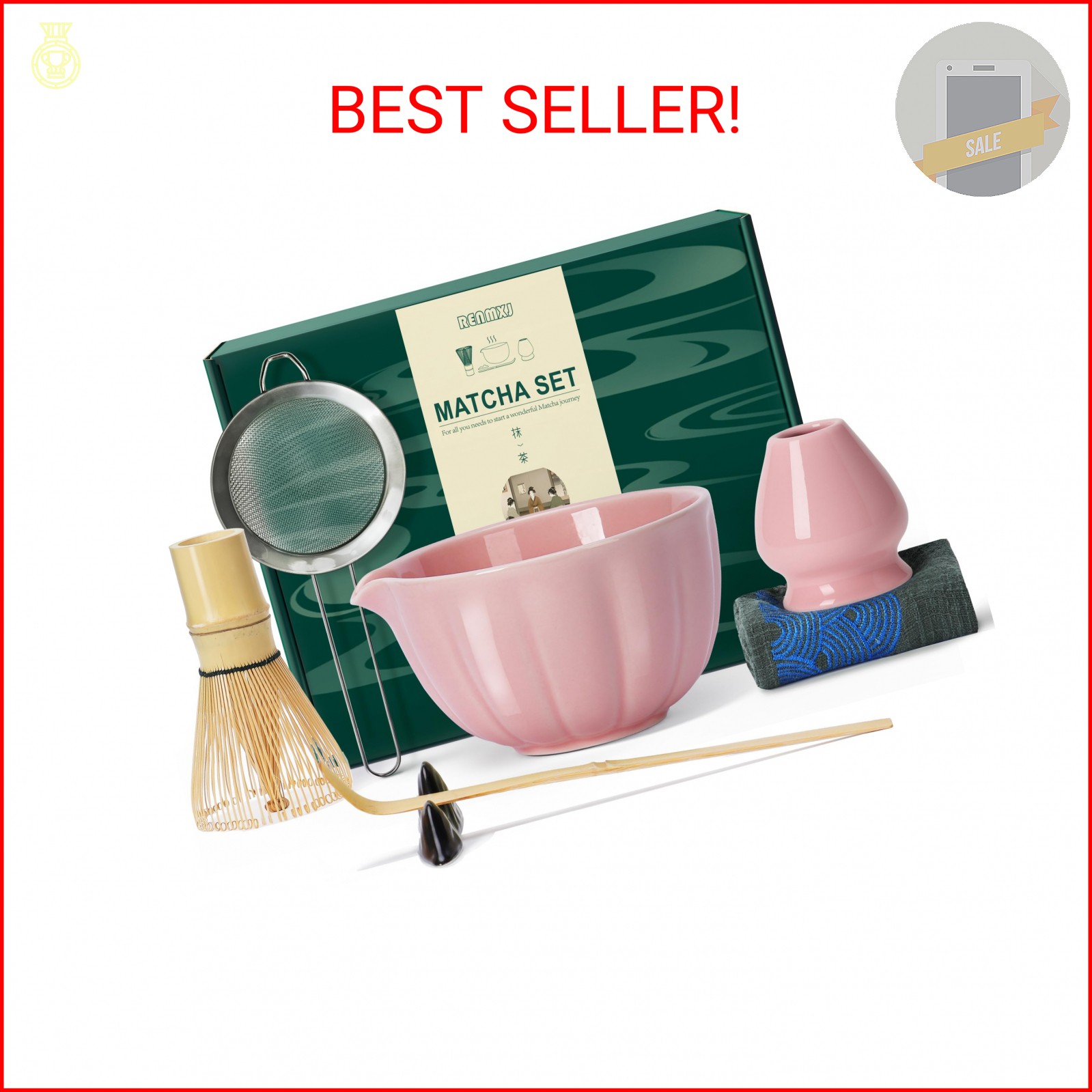 Renmxj Matcha Whisk Set,7 PCS Ceramic Matcha Kit Includes Matcha Bowl with Spout