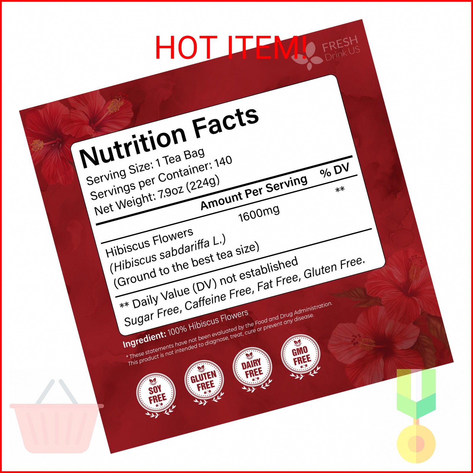 FRESHDRINKUS 140 Hibiscus Flowers Tea Bags, 100% Natural, Pure from Hibiscus Flo