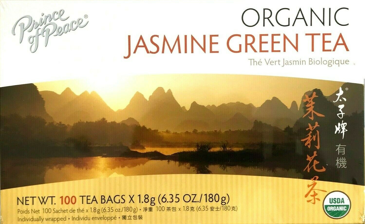 Prince of Peace 100% Organic Jasmine Green Tea 6.35Oz/180g, 100 Bags (Pack of 3)