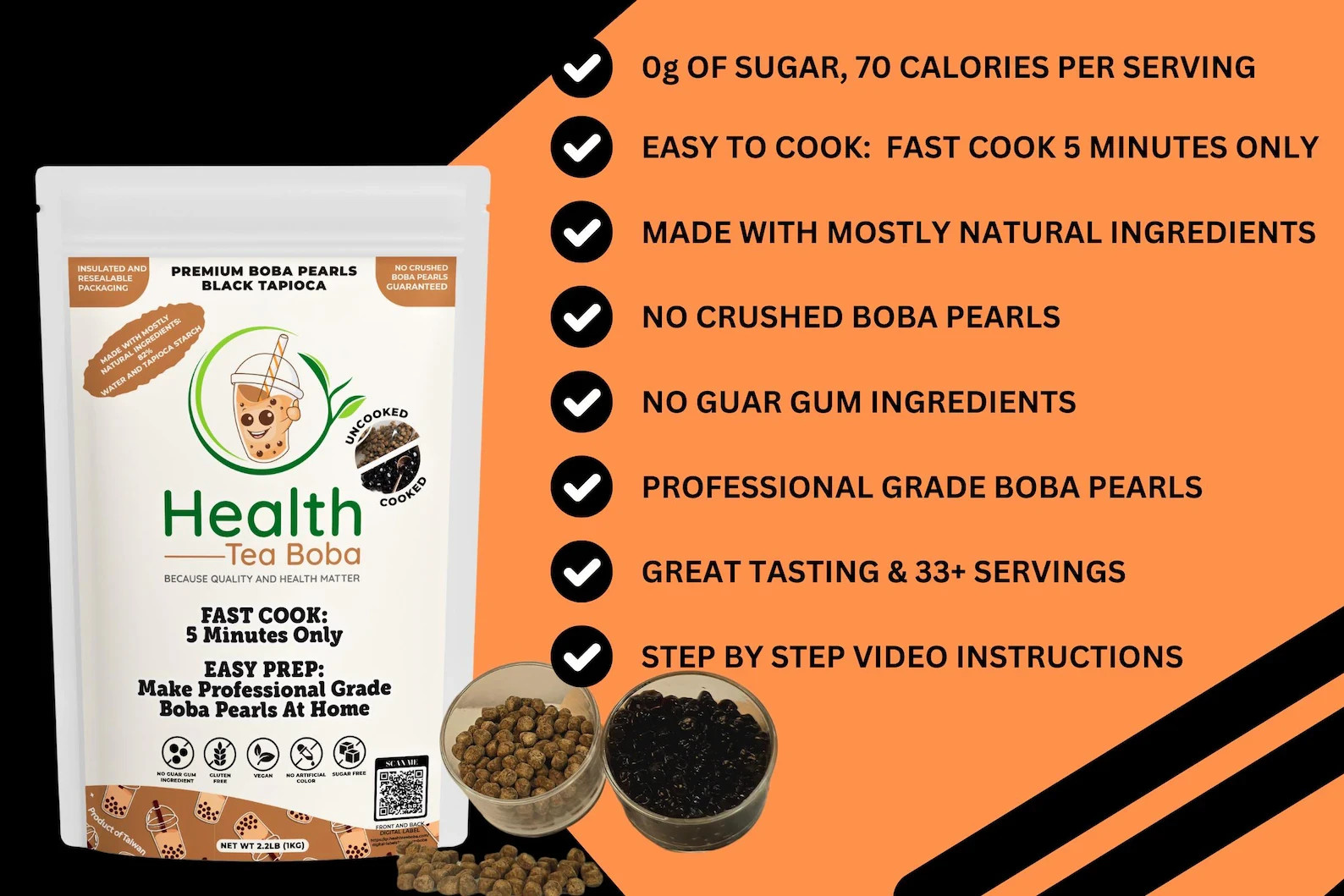 2.2LB Low Calorie 5-Min Cook Natural Sugar-Free Vegan Boba Pearls