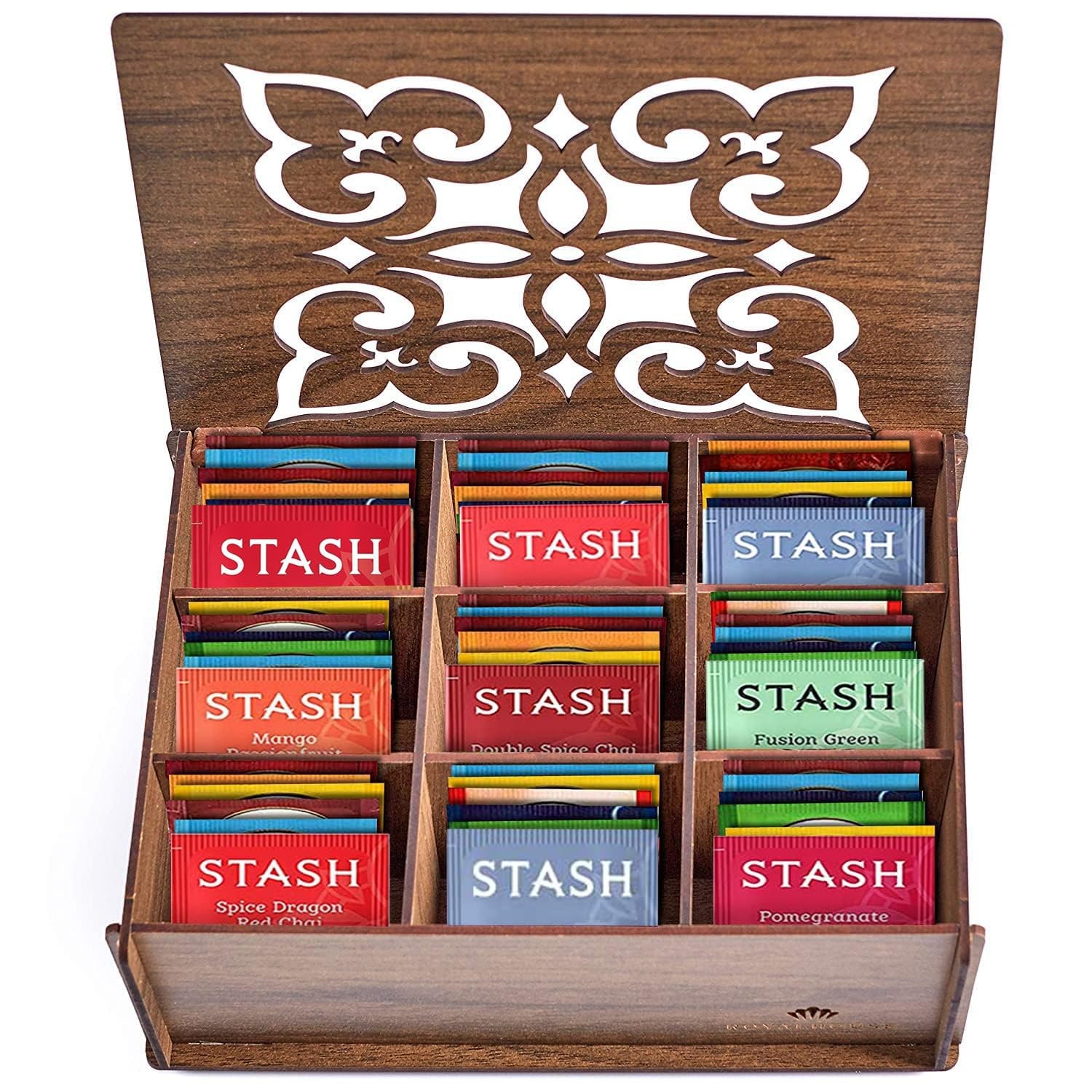 Tea Bags Sampler Gift Box 80 Count 28 Flavors Walnut Wooden MDF Organizer