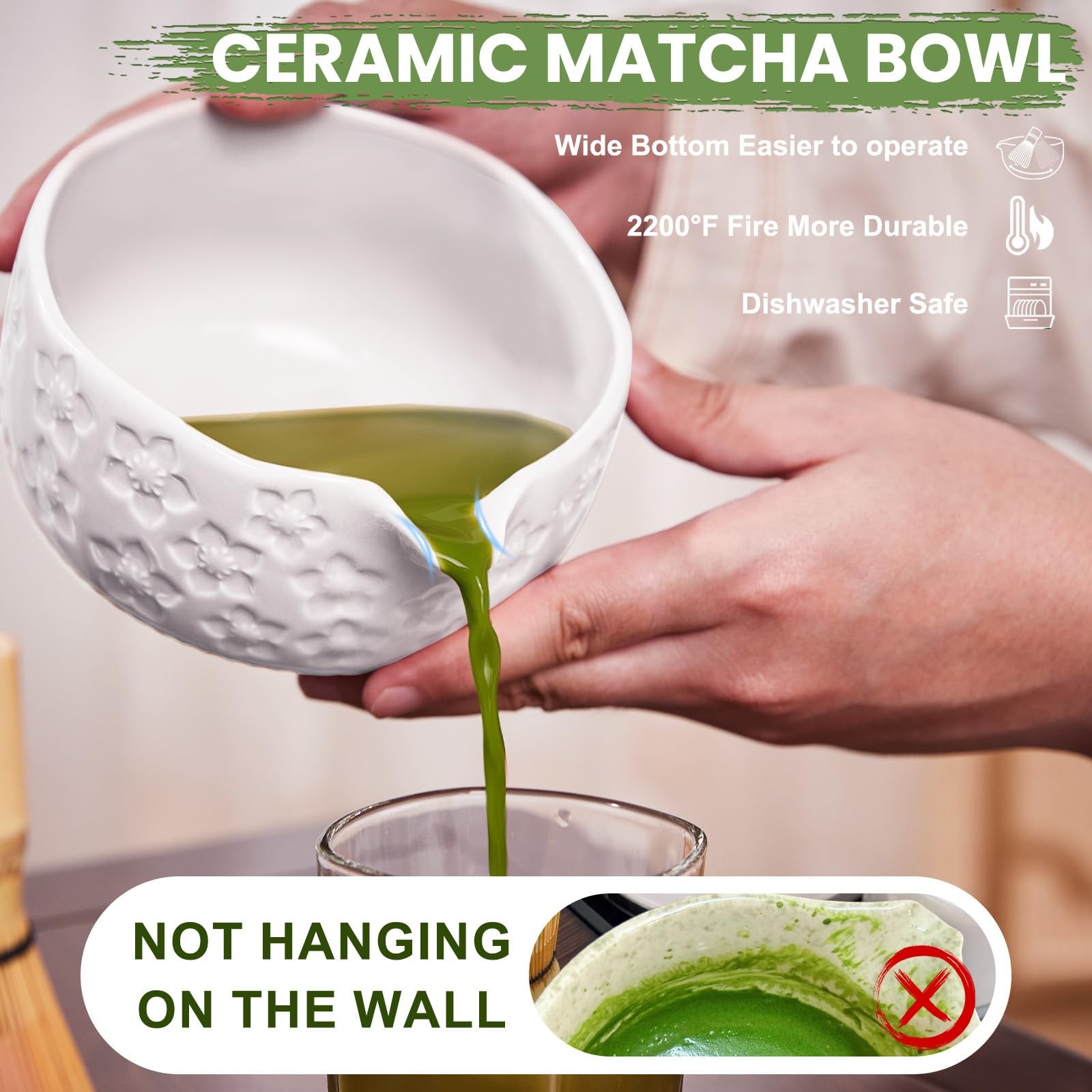 Matcha Whisk Set 6 Pcs Sakura White Ceramic Bowl, Whisk, Sifter, Scoop