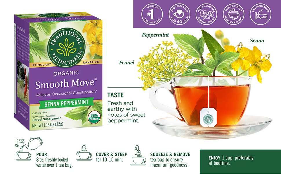 Organic Smooth Move Peppermint Laxative Tea, 16 Tea Bags (Pack of 1)