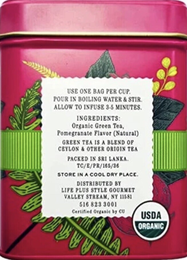 Pomegranate Green Tea, The Secret Garden Organic 50 Bags New Weight 100g NOT 75g