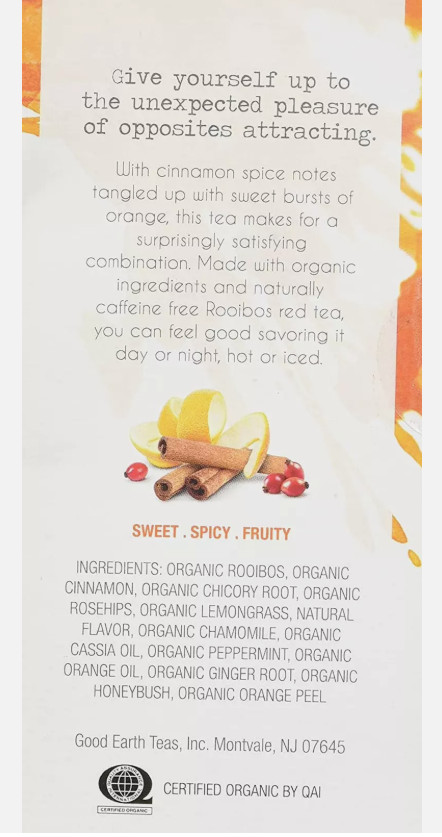 Organic Sweet & Spicy Herbal Caffeine Free Good Earth Teas 18 Tea Bag Pack of 2