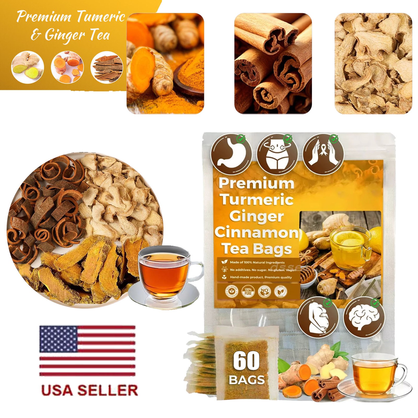 60Bags Turmeric Ginger Cinnamon Tea No Additive Support Brain Weight Sleep-Skin