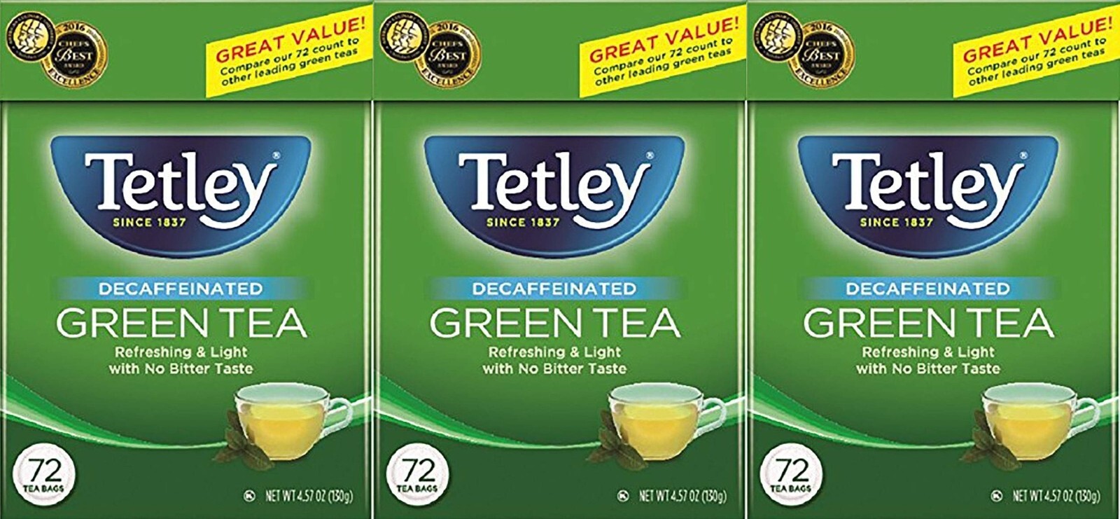 Lot of 6 Tetley Natural Decaffeinated Tea, 72 Count Each