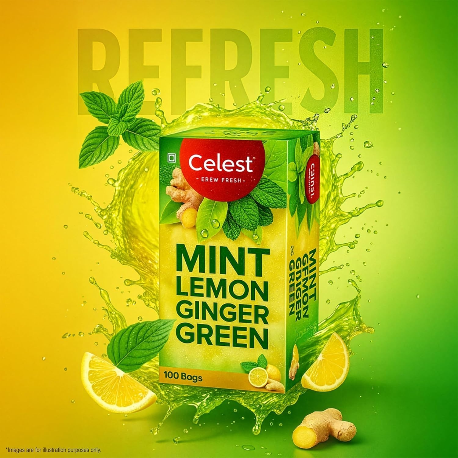 100% Natural Celest Green Tea 100 Bags – Ginger | Mint & Lemon | (Each 1.5g)
