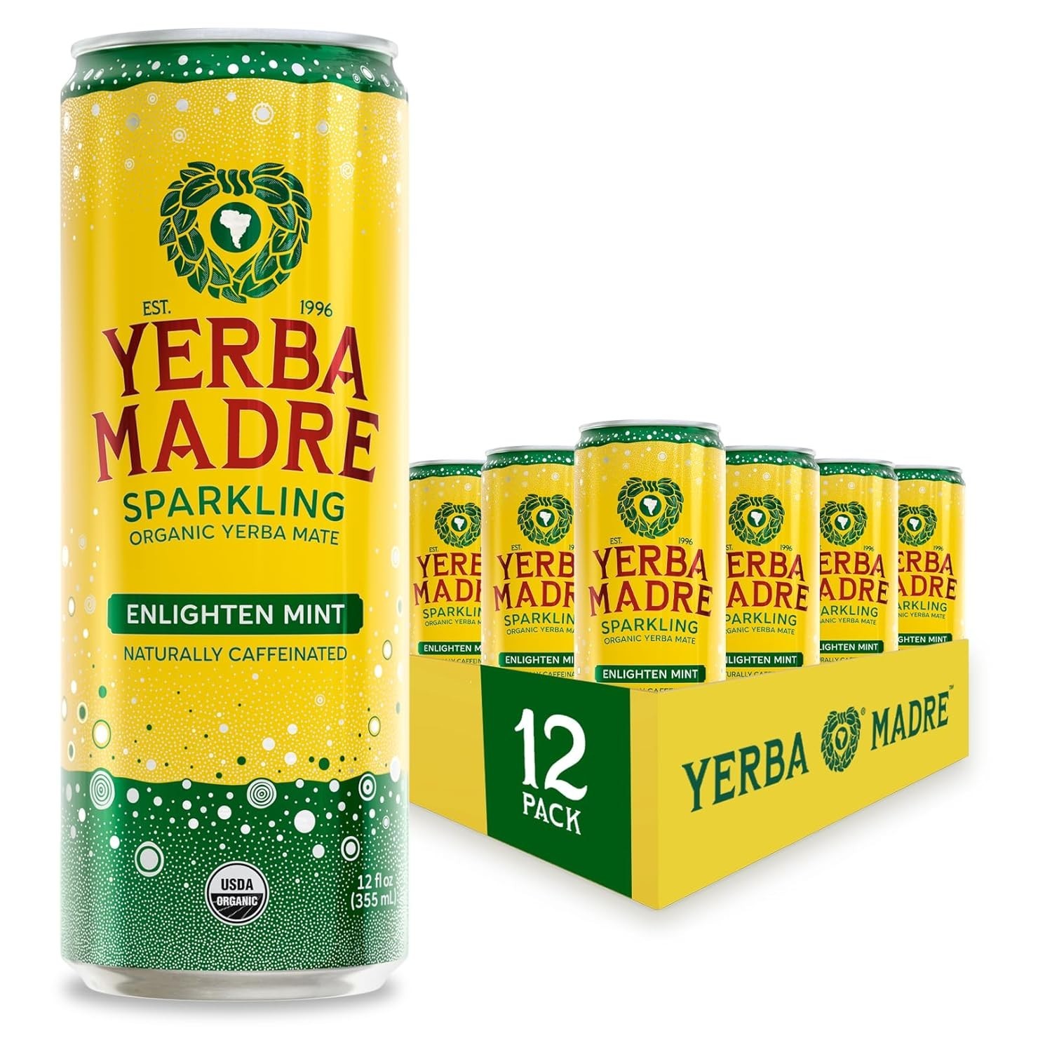 Yerba Madre Organic Sparkling Yerba Mate, Enlighten Mint, 12oz (Pack of 12)