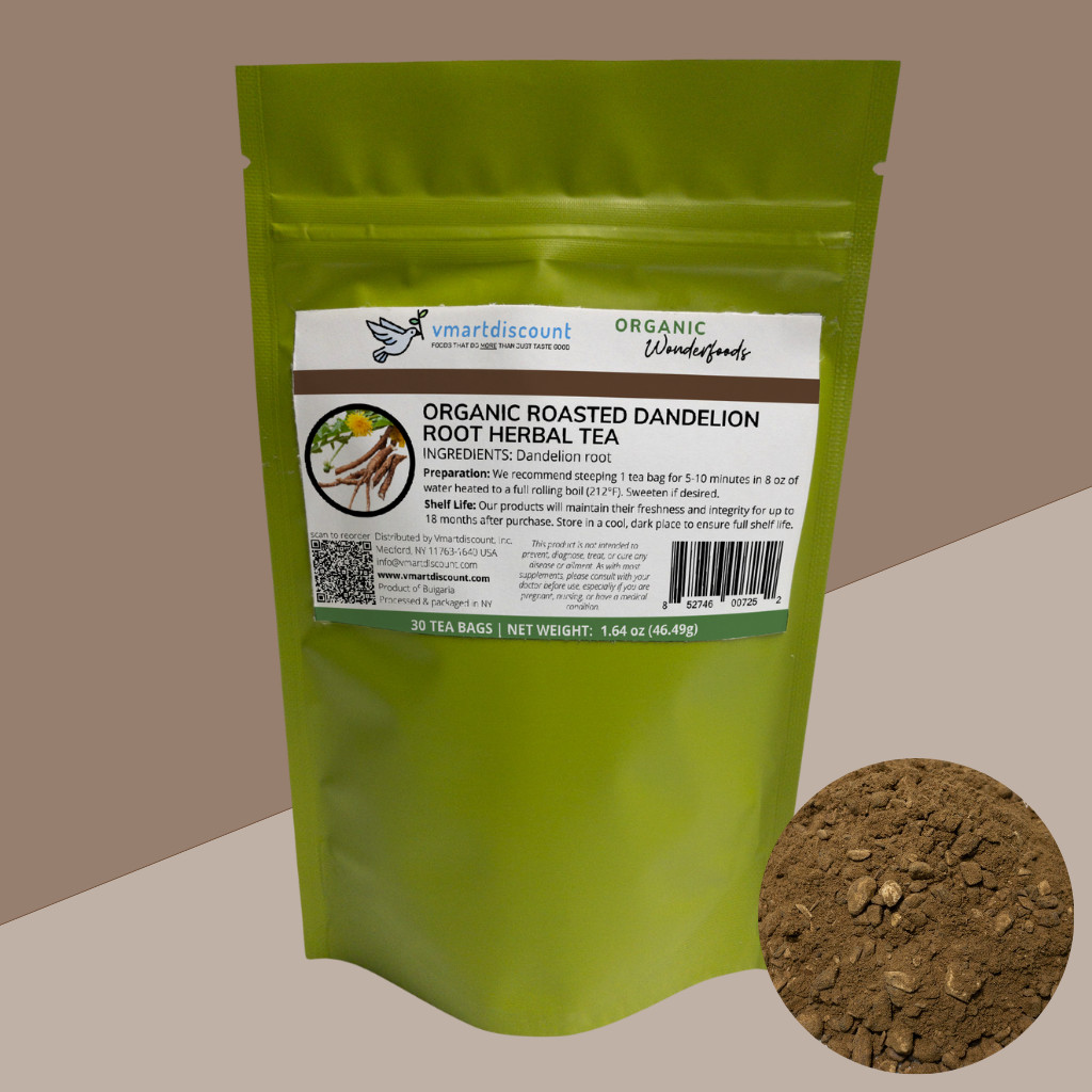 Organic Roasted Dandelion Root Herbal Tea 30 Bags, All Natural Caffeine-Free Tea