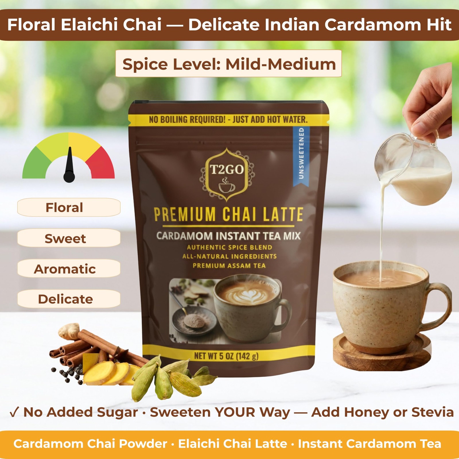 T2GO Unsweetened Cardamom Chai Latte Powder – 45 Calorie Instant Masala Chai …