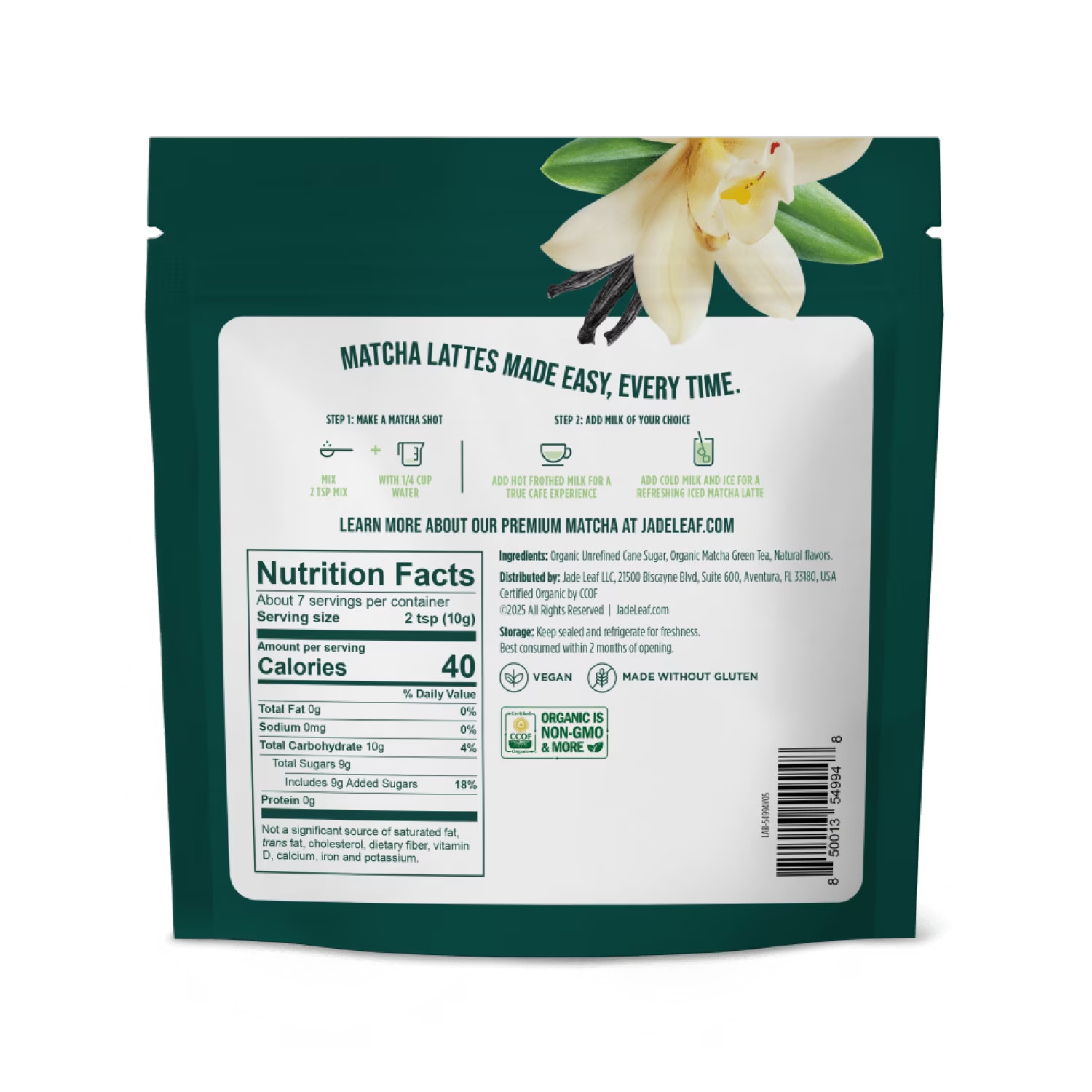 Jade Leaf Cafe Style Organic Vanilla Matcha Latte Mix, 2.5oz Powdered Tea