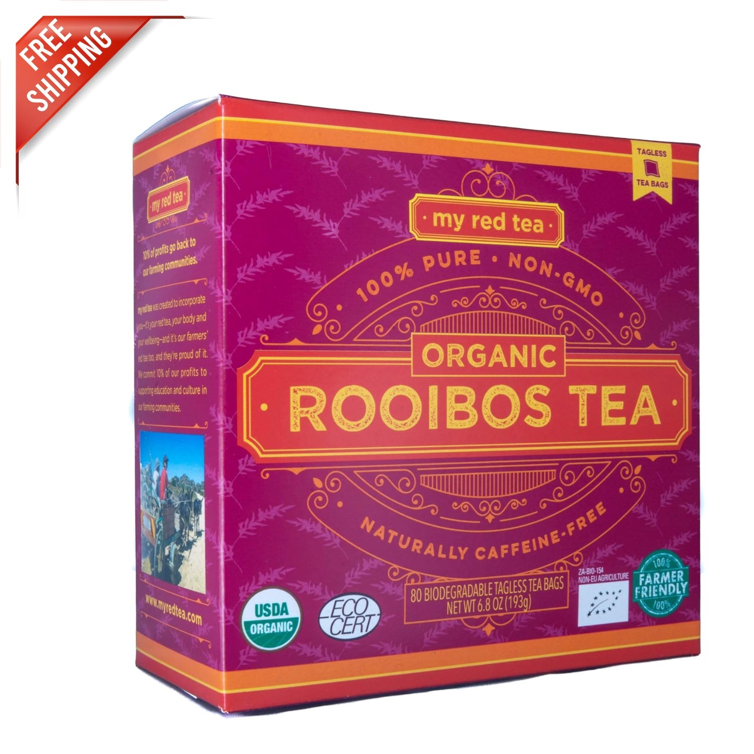 Ethically Sourced Organic Rooibos Tea – 80 Tagless Teabags, High Antioxidants