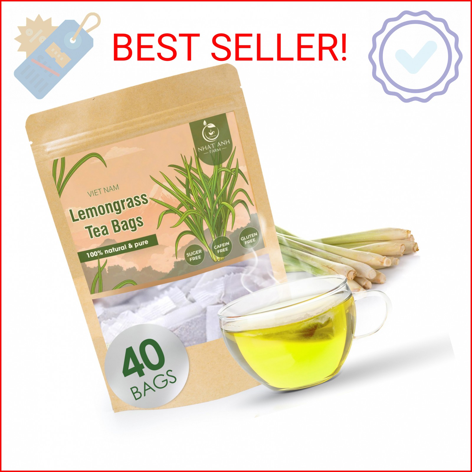 NHAT ANH FARM – Premium Lemongrass Tea Bags, 40 Lemongrass Tea Bags, 100% Natura