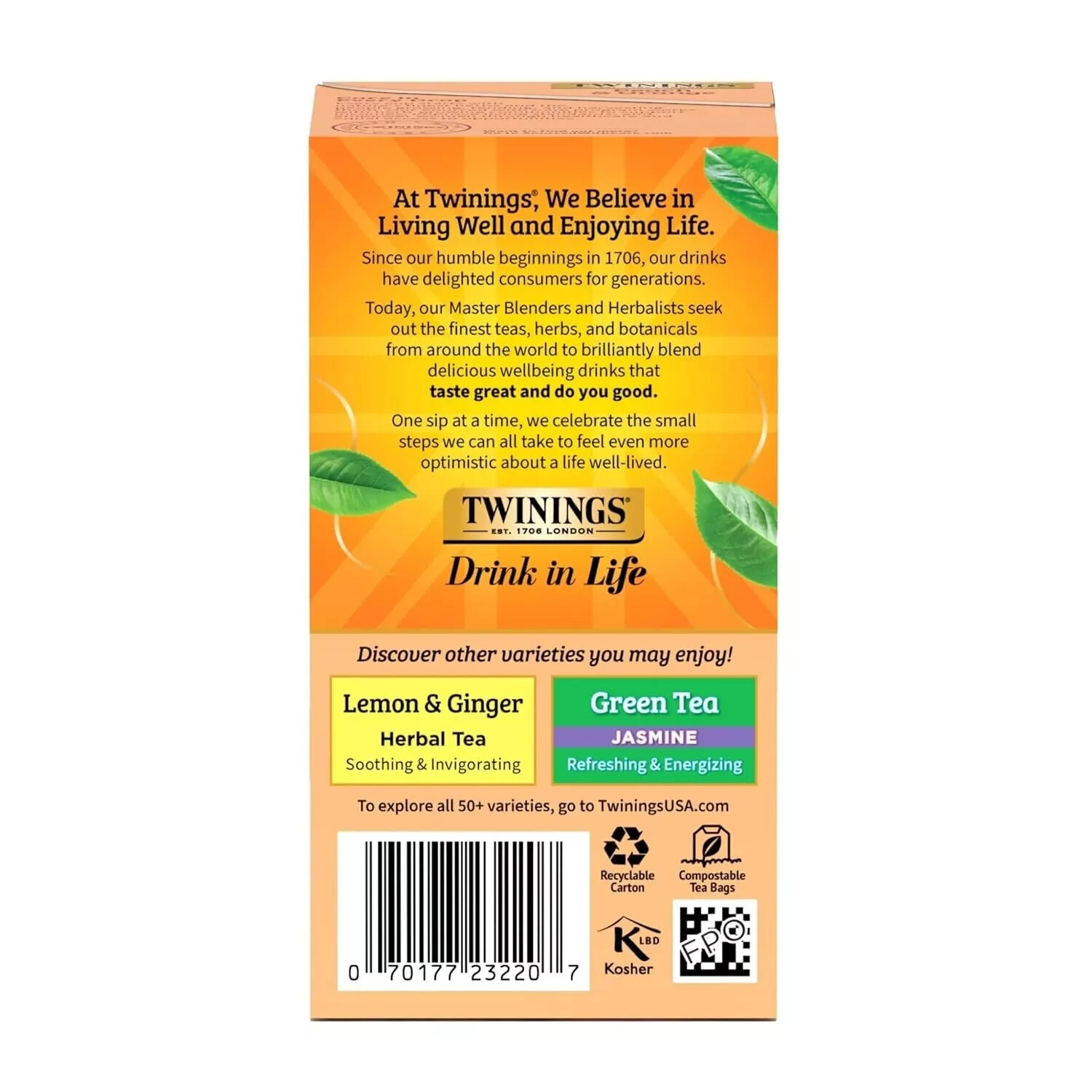 Twinings Peach & Orange Herbal Tea Bags, 20 Count, Caffeine-Free, Hot or Iced