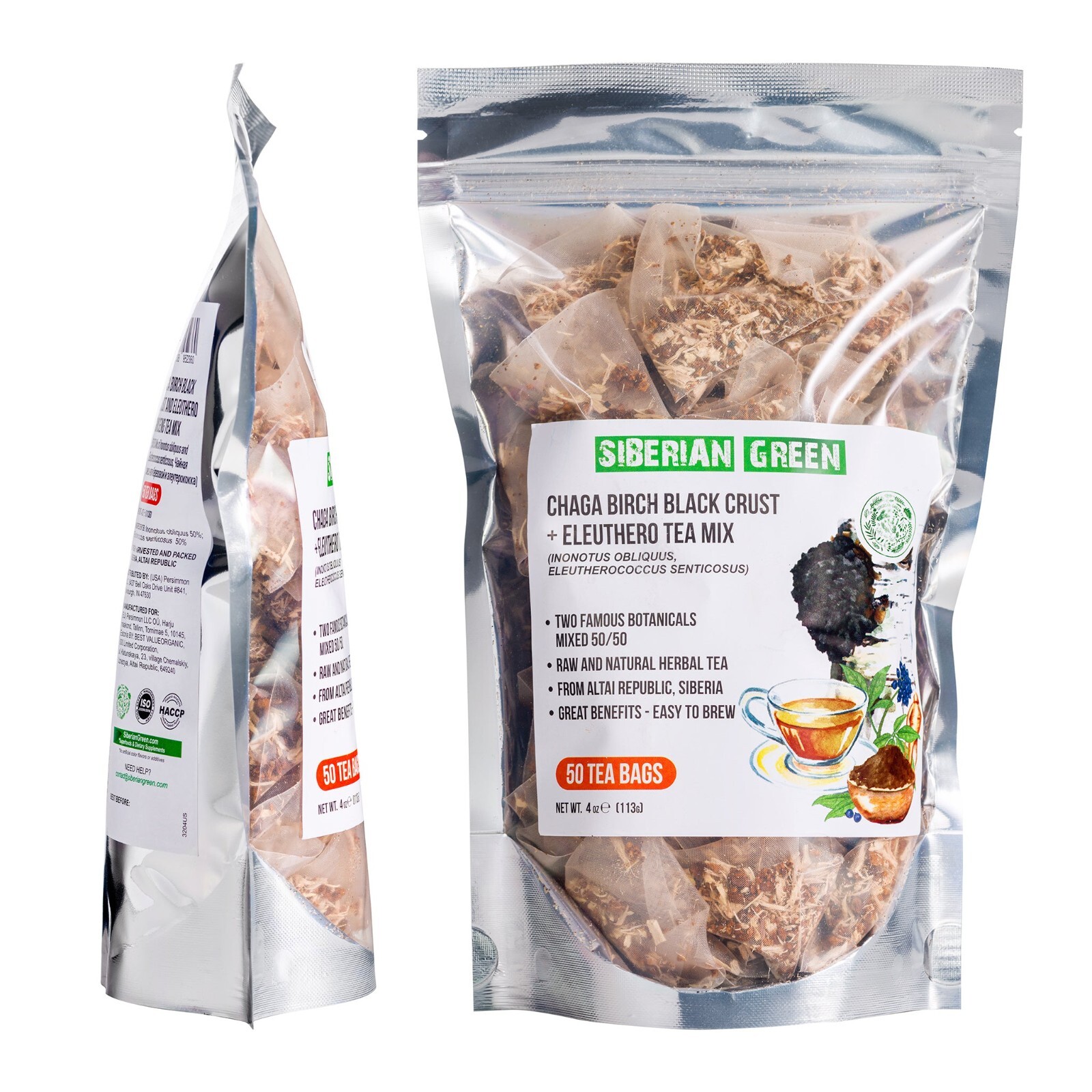 Siberian Chaga Tea with Eleuthero Root | 50 Tea Bags for Energy & Wellness
