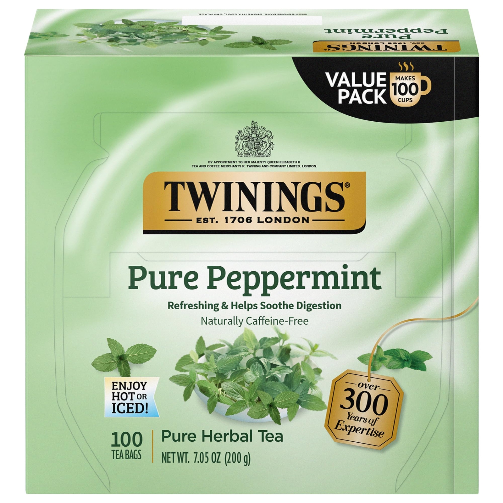 Twinings Pure Peppermint Herbal Tea 100 Individually Wrapped Bags Caffeine Free