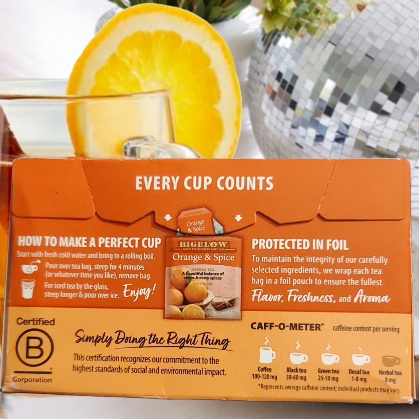 Bigelow Orange & Spice Herbal Tea Caffeine-Free Citrus Zest 20 Ct Kosher Non GMO