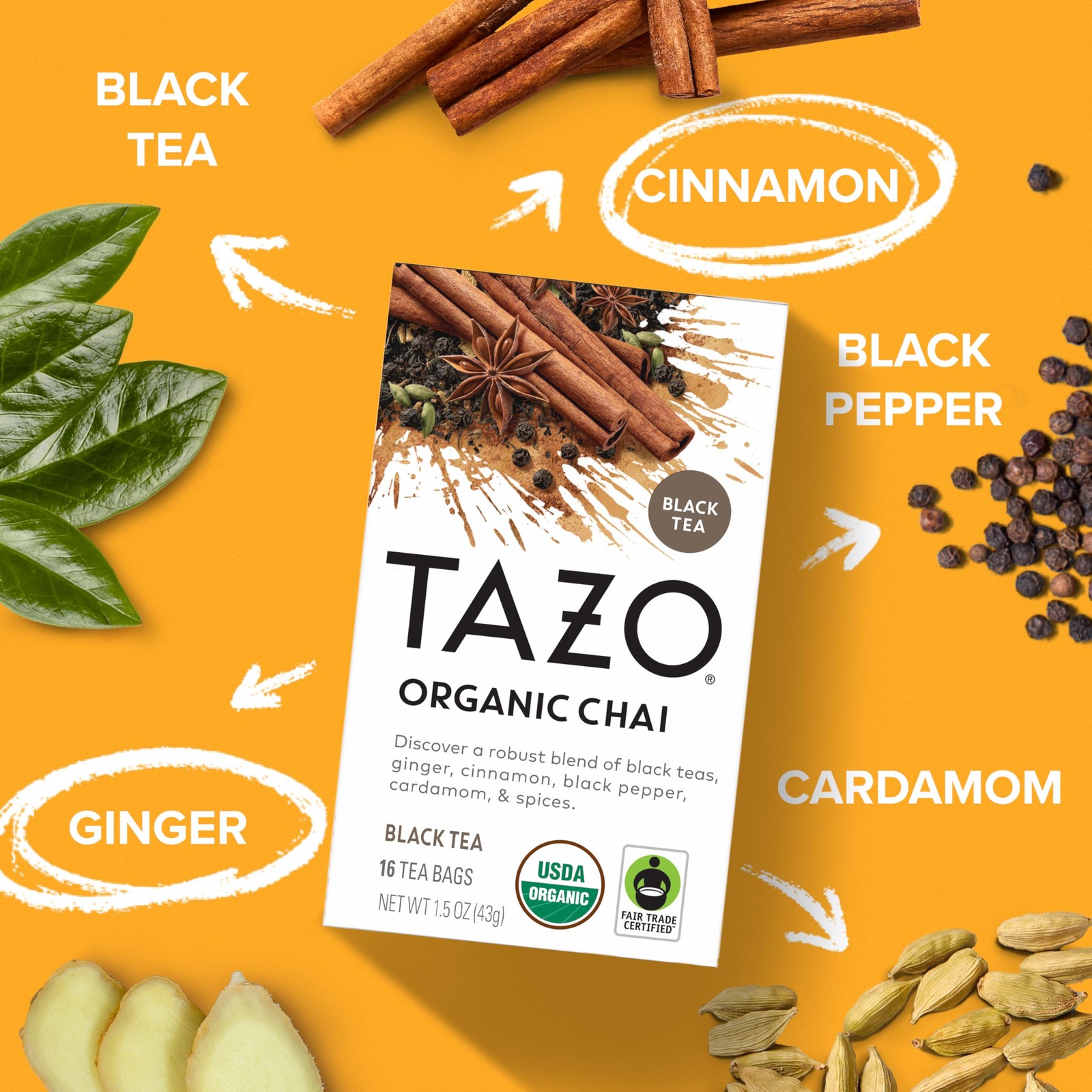 Organic Chai Black Tea Bags with Ginger, Cinnamon & Cardamom – 96 Count