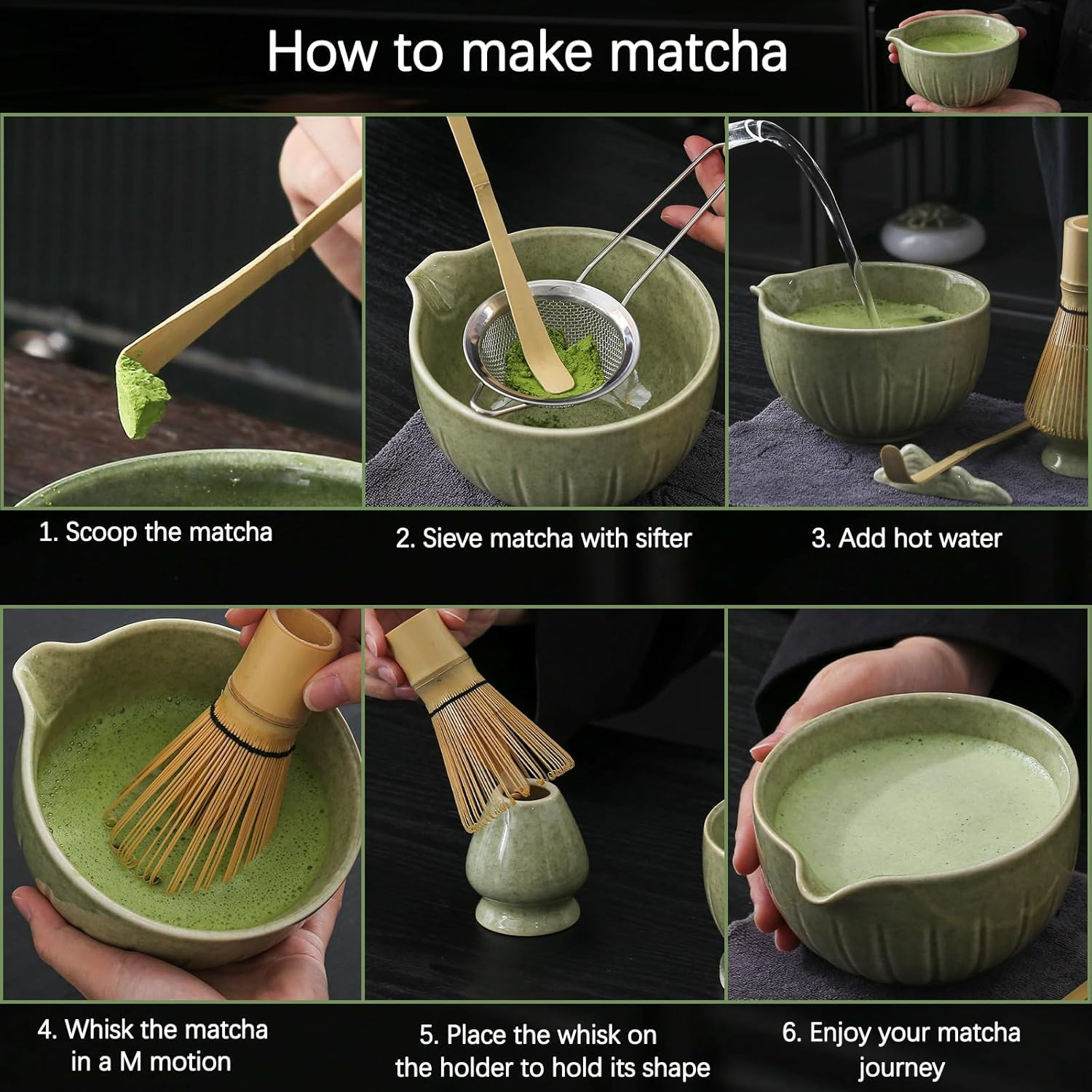 10Pcs Matcha Whisk Set, 15 OZ Matcha Bowl, Matcha Whisk and Stand, Scoop, Sifter