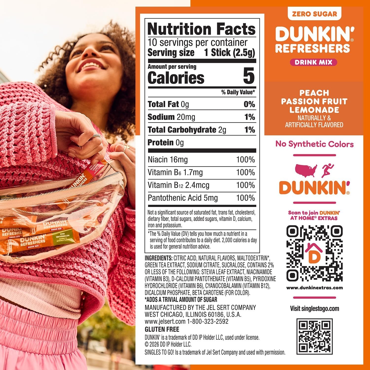 Dunkin’ Zero Sugar Refreshers Singles To Go! Powdered drink mix packets, Peach P