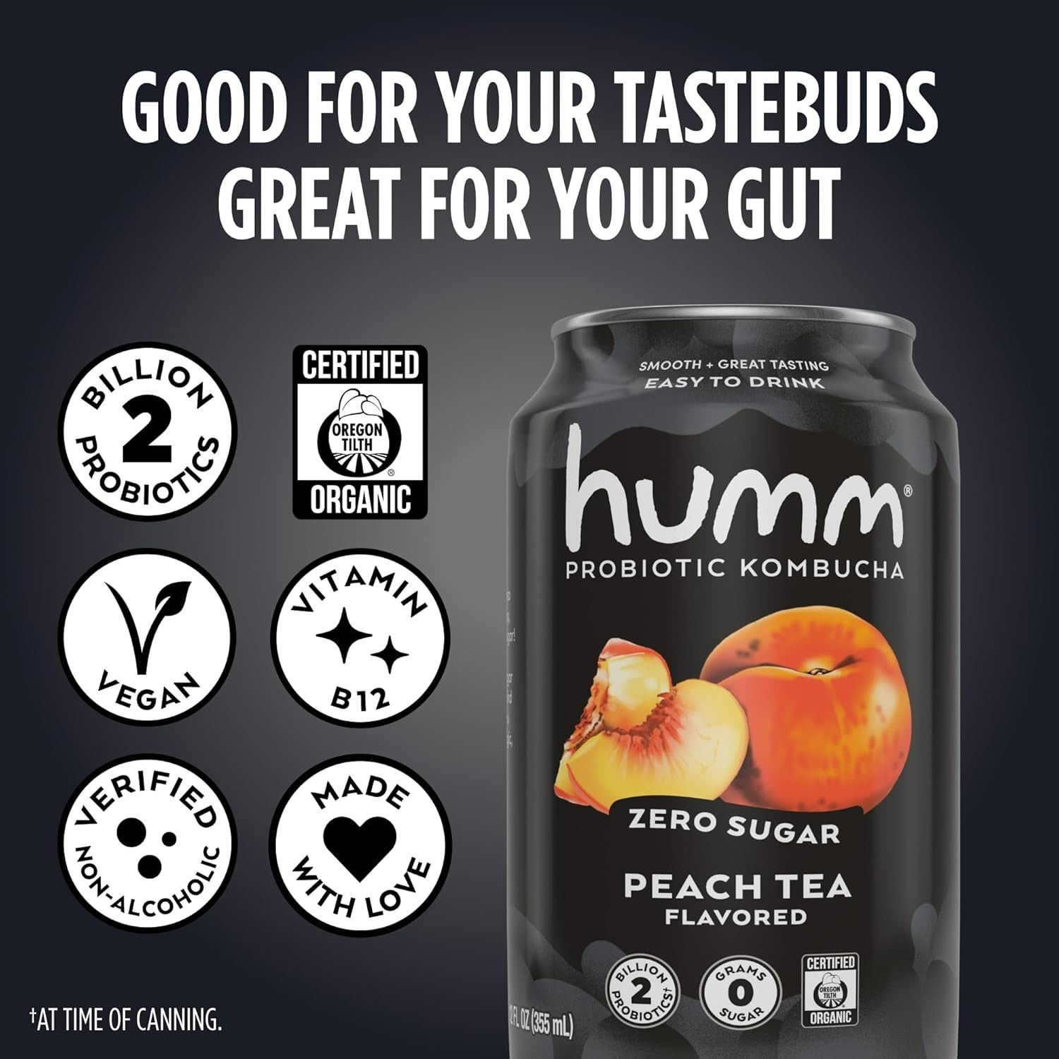 Humm Probiotic Kombucha Zero Sugar Peach Tea, No Refrigeration Needed, Keto F…