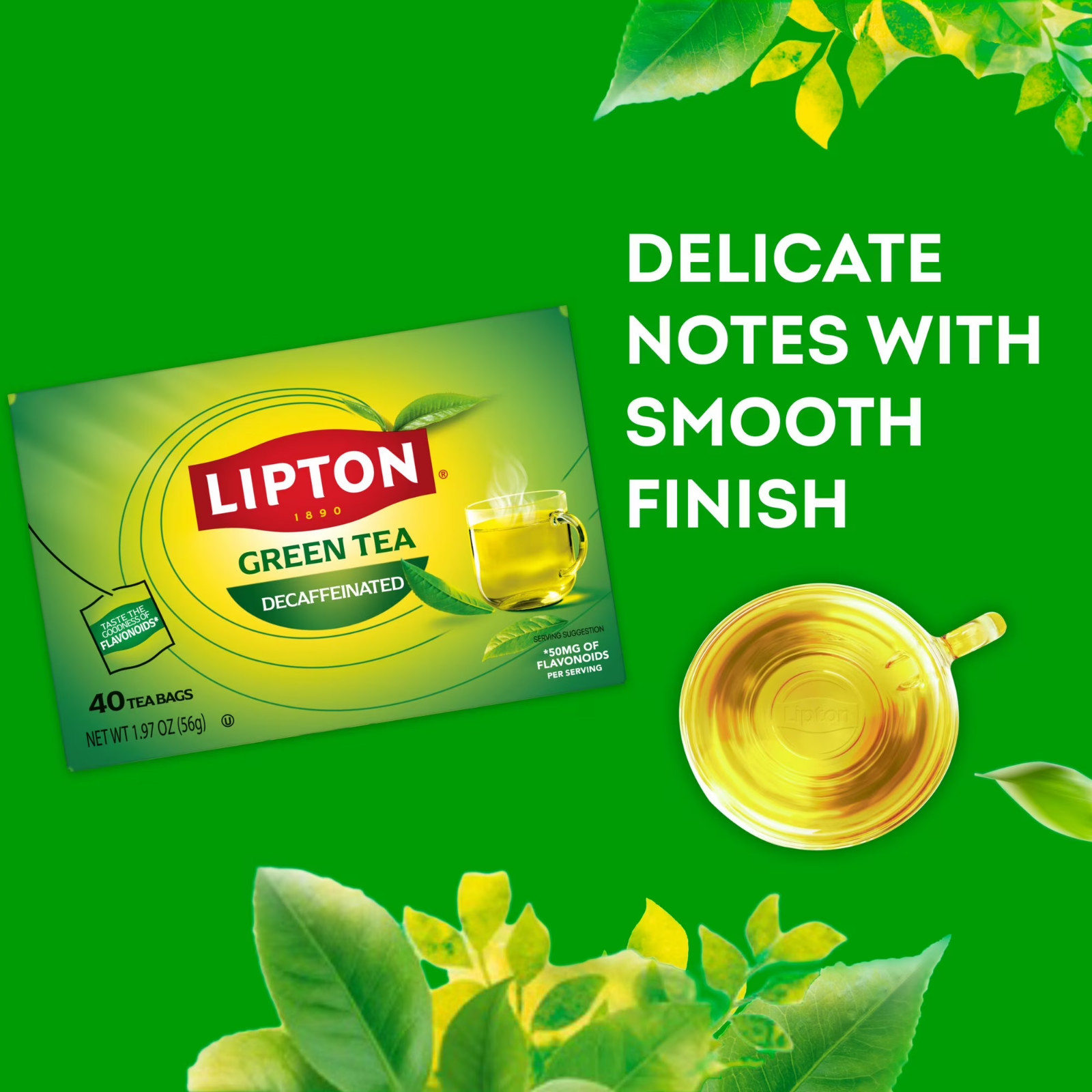 Lipton Green Tea, Decaffeinated, Tea Bags 40 Count Box