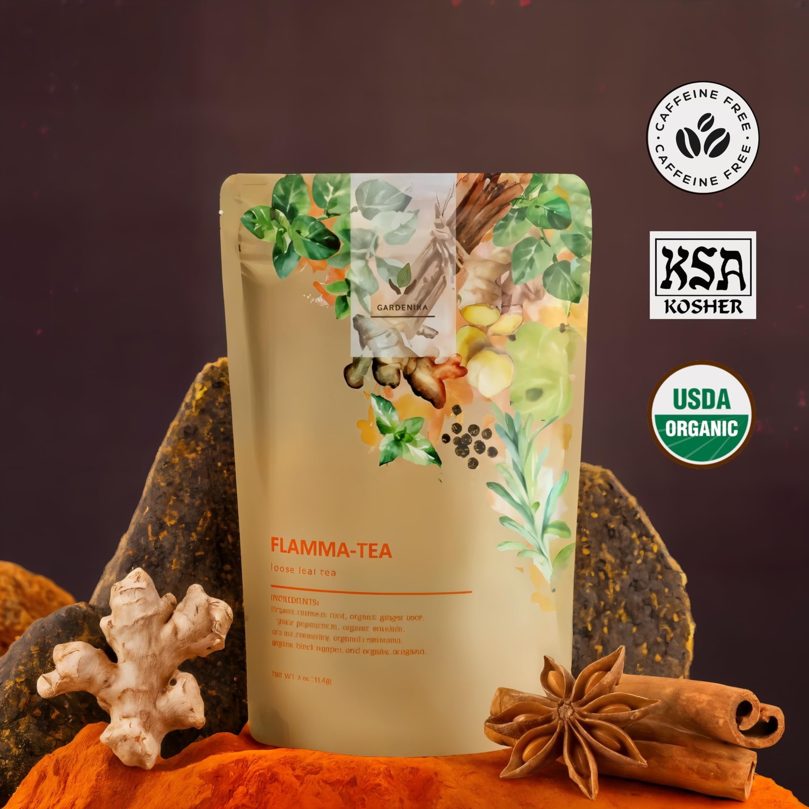 Gardenika Organic Flamma-Tea Turmeric Ginger Loose Leaf Tea 1lb Caffeine Free