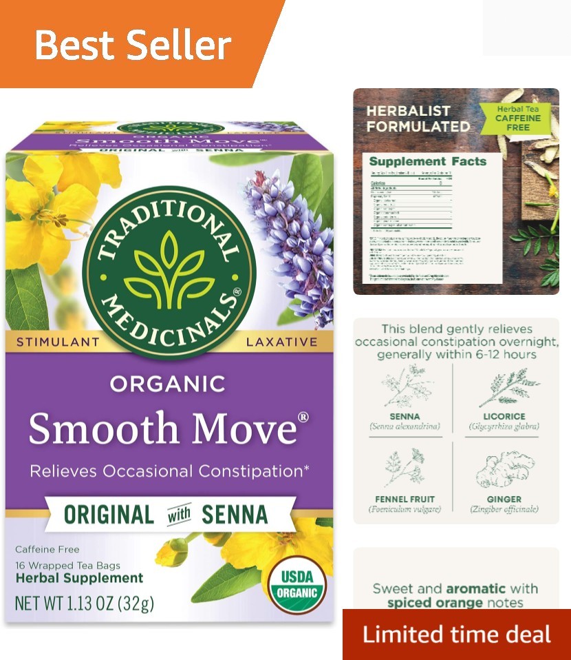 Organic Senna Leaf Laxative Tea – 16 Caffeine-Free Tea Bags for Overnight Relief
