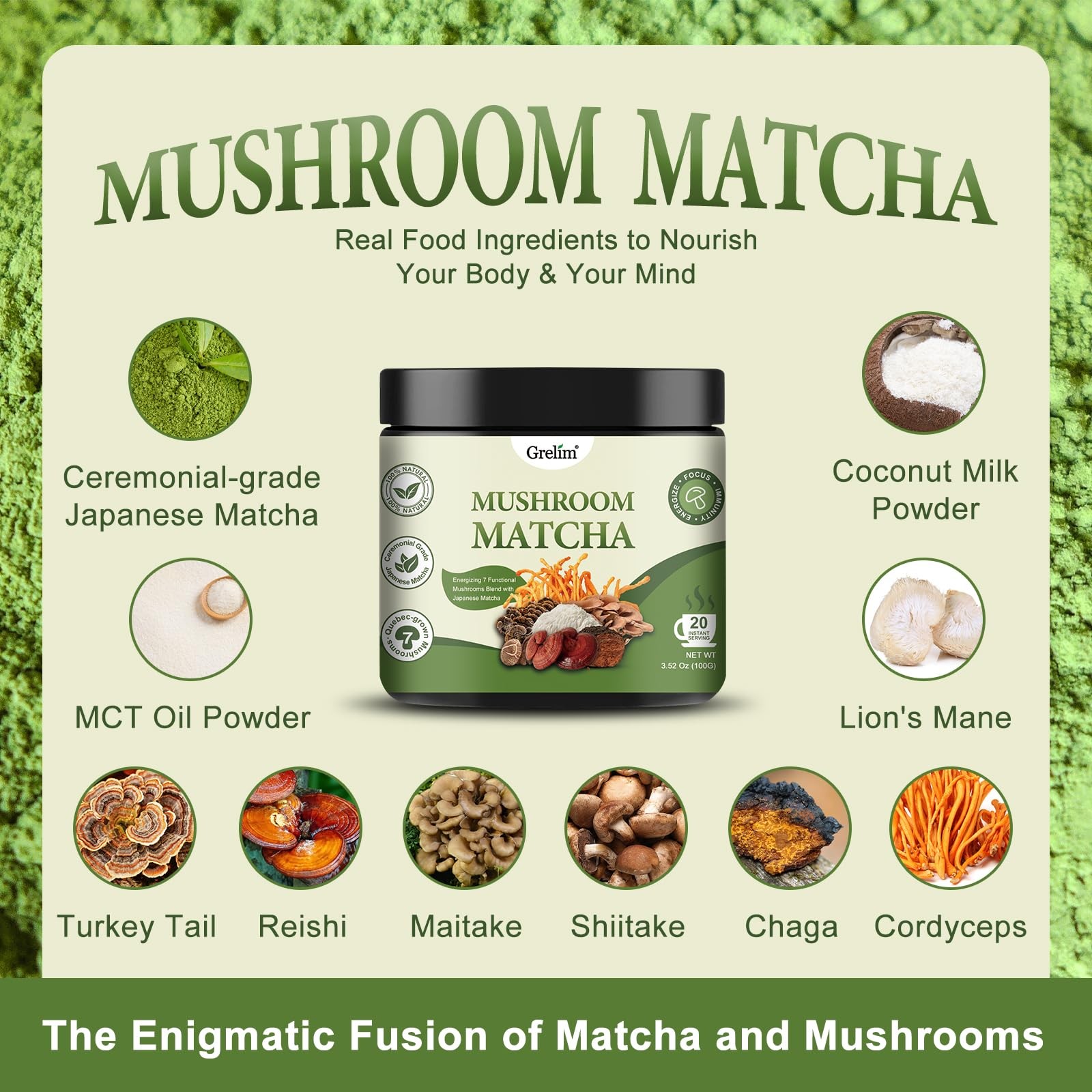 Grelim Mushroom Matcha Infused With 7 Superfood Mushrooms, MCT Oil, Coconut M…