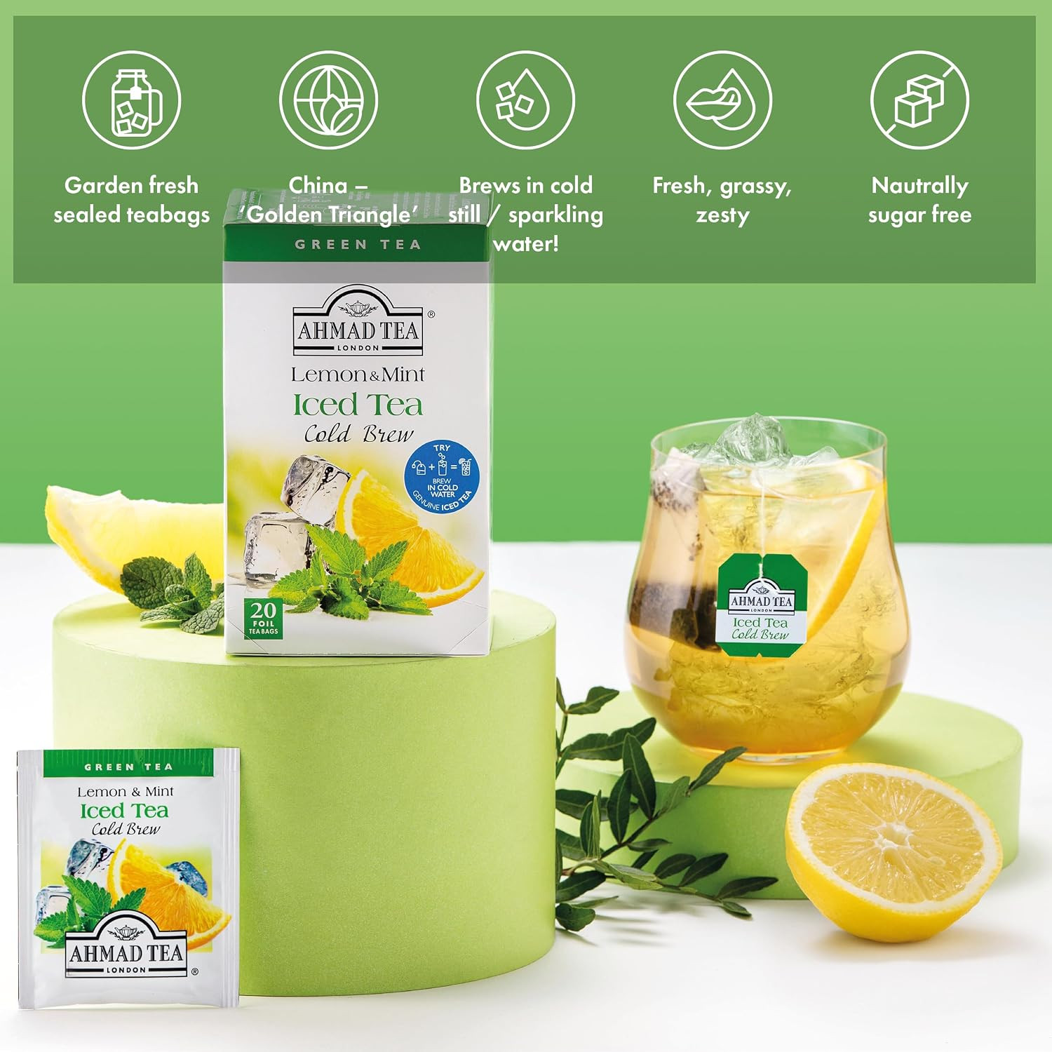 Green Tea, Cold Brew Lemon and Mint Teabags, Iced Tea, 20 Ct (Pack of 1) – Caffe