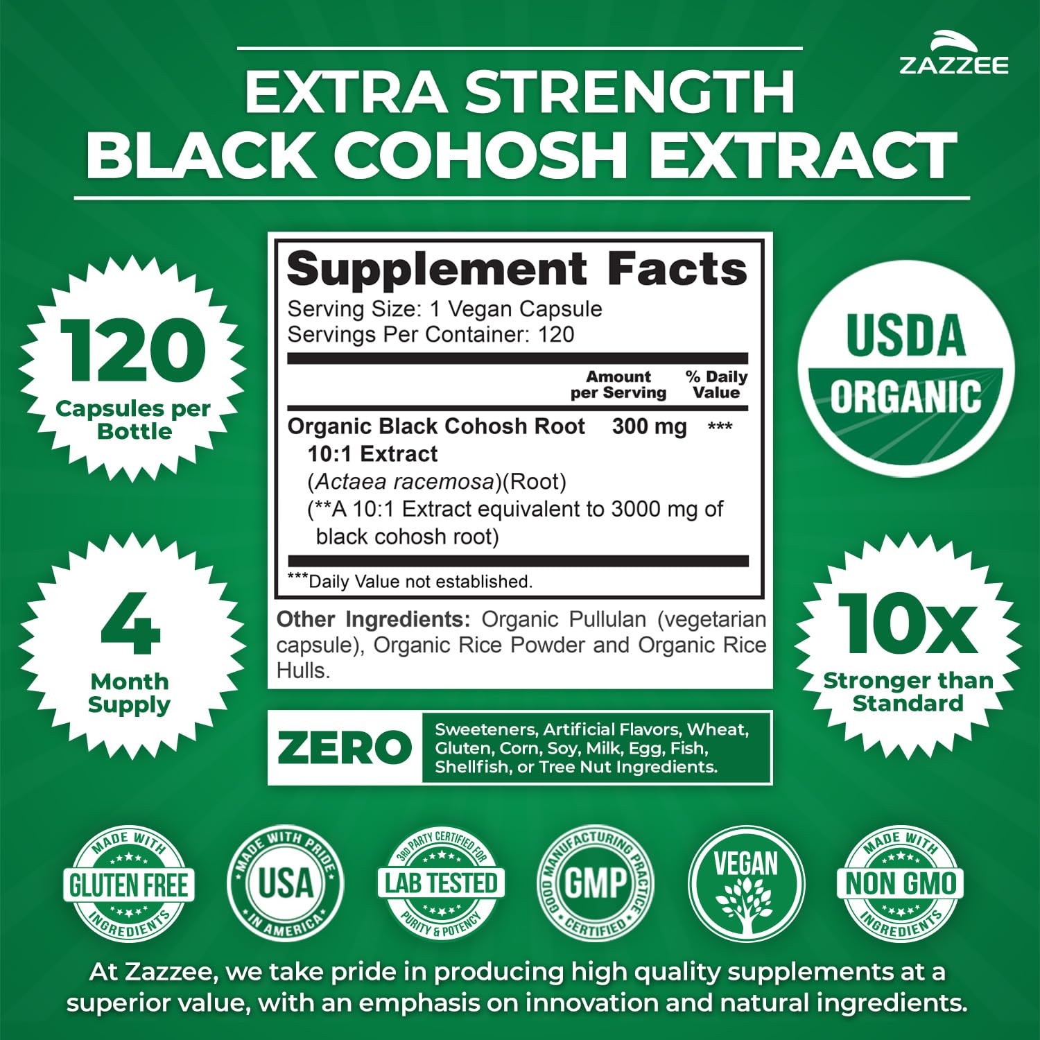 USDA Organic Black Cohosh 10:1 Extract, 120 Vegan Capsules, 4 Month Supply, A…