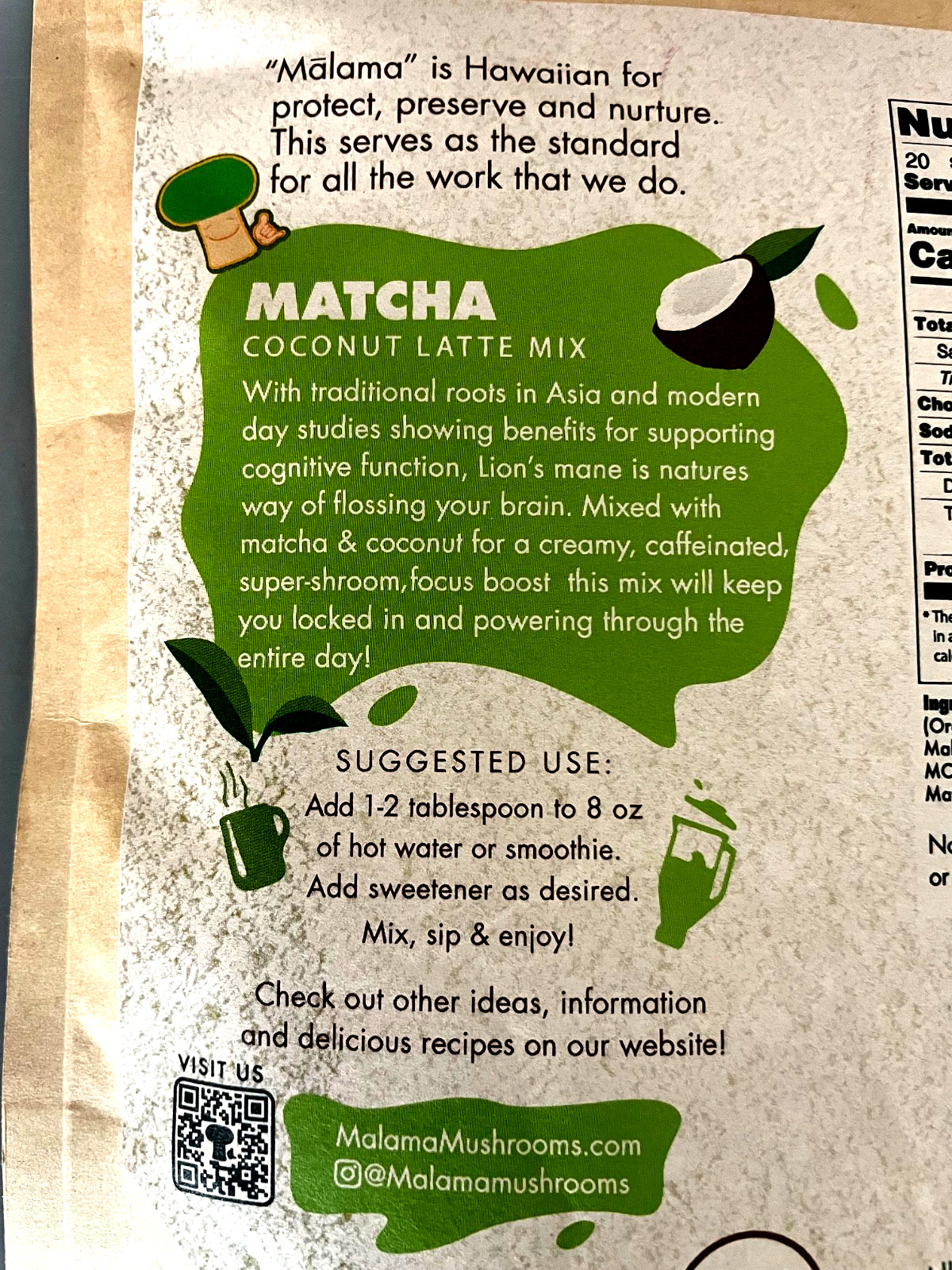 X2) MALAMA MUSHROOMS MATCHA Coconut Latte Mix ORGANIC Ceremonial Grade (4.23 OZ