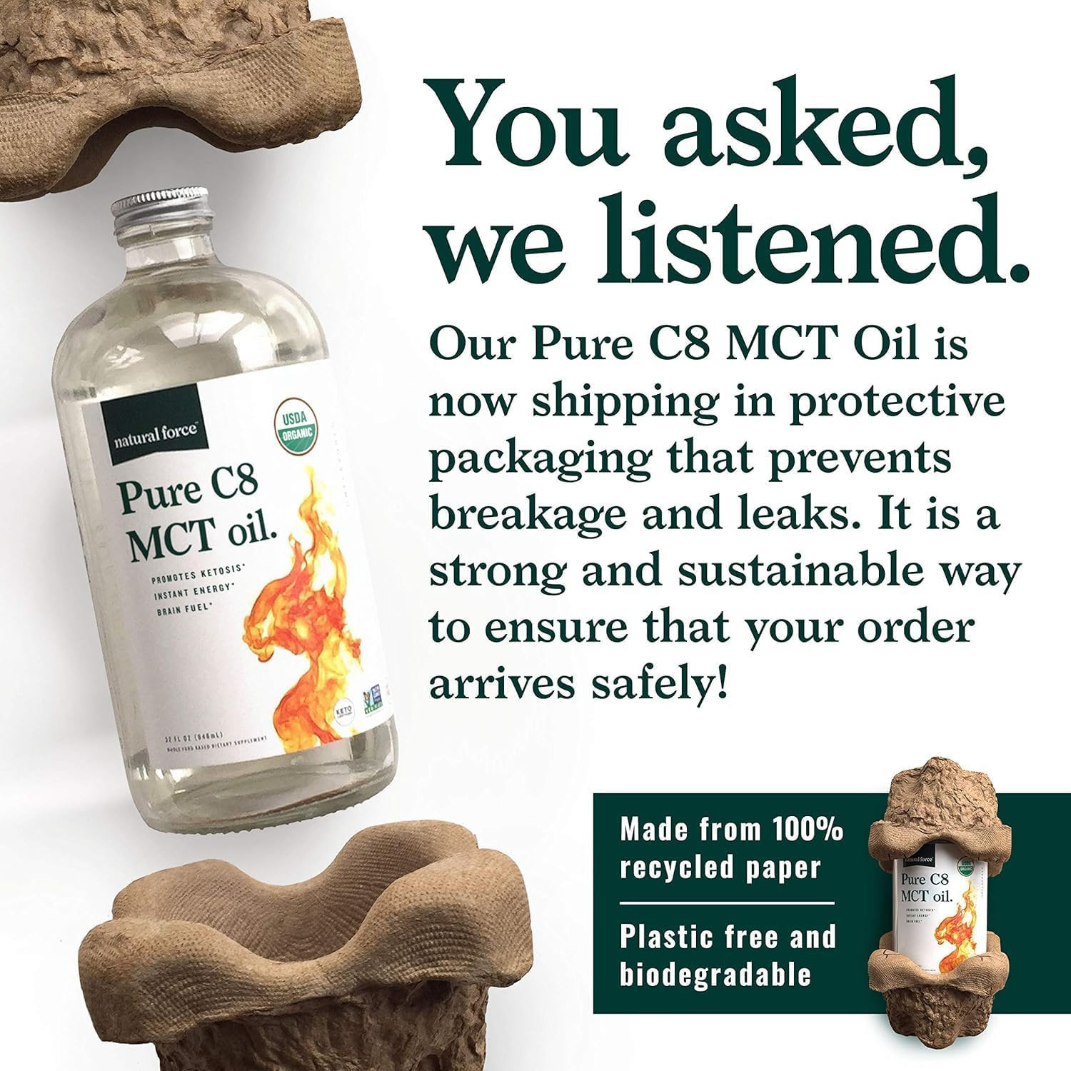 Natural Force Organic Pure C8 MCT Oil – Liquid in Glass Bottle…