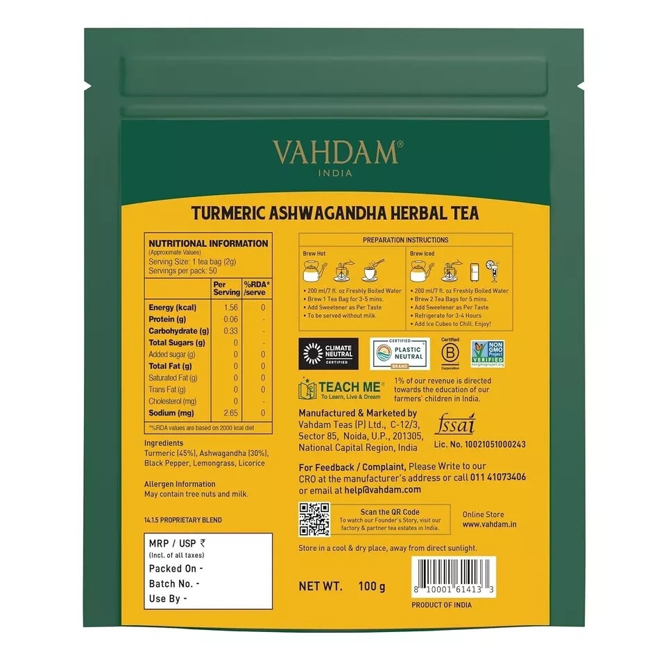 VAHDAM, Turmeric Ashwagandha Herbal Tea Bags 100% Pure Herbal Blend (50 Count)