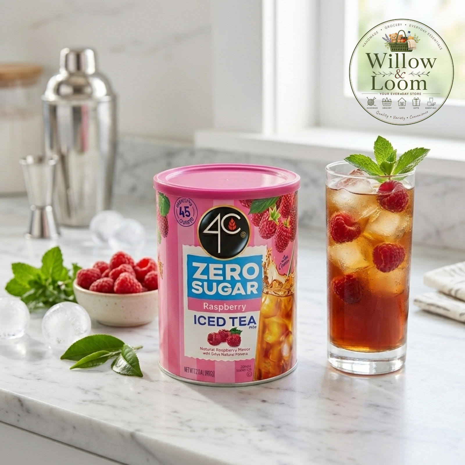 4C Zero Sugar Raspberry Iced Tea Mix 28.4oz Natural Raspberry Flovor 45 Quarts