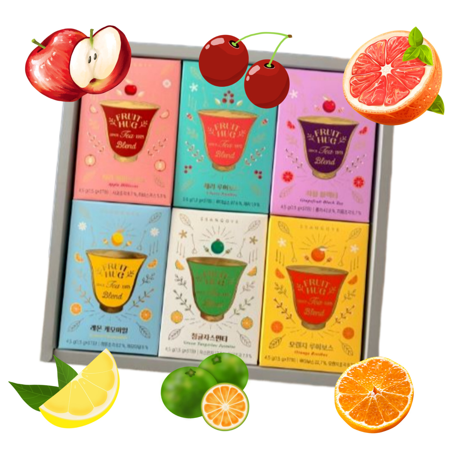 Ssanggye Premium Korean Fruit Hug Dried Tea Blend 6 Flavors x 3 Pyramid Tea Bags