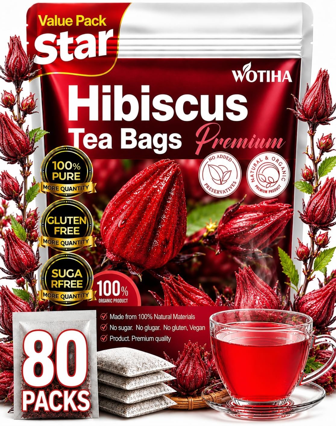 WOTIHA Premium 80 Hibiscus Flower Tea Bags (Flor de Jamaica) – 100% Natural, Tar