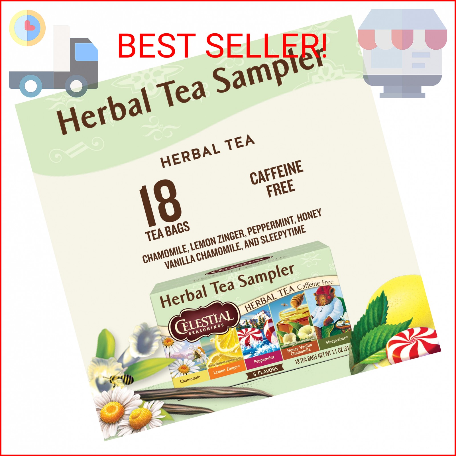 Celestial Seasonings Herbal Tea Sampler Variety Pack, Caffeine Free, 18 Tea Bags