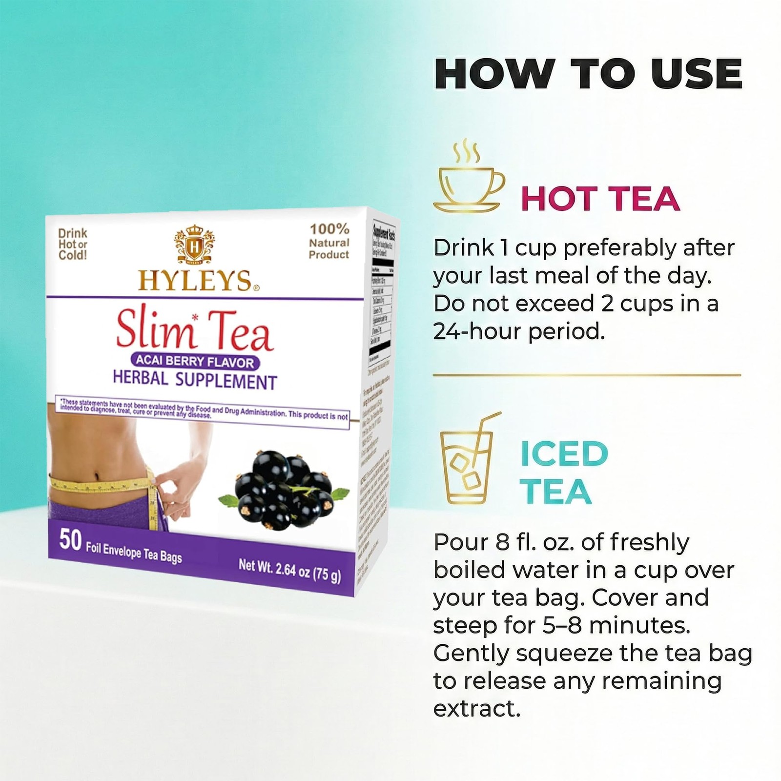Hyleys Slim Tea Weight Loss Herbal 50 Count (Pack of 1), Acai Berry