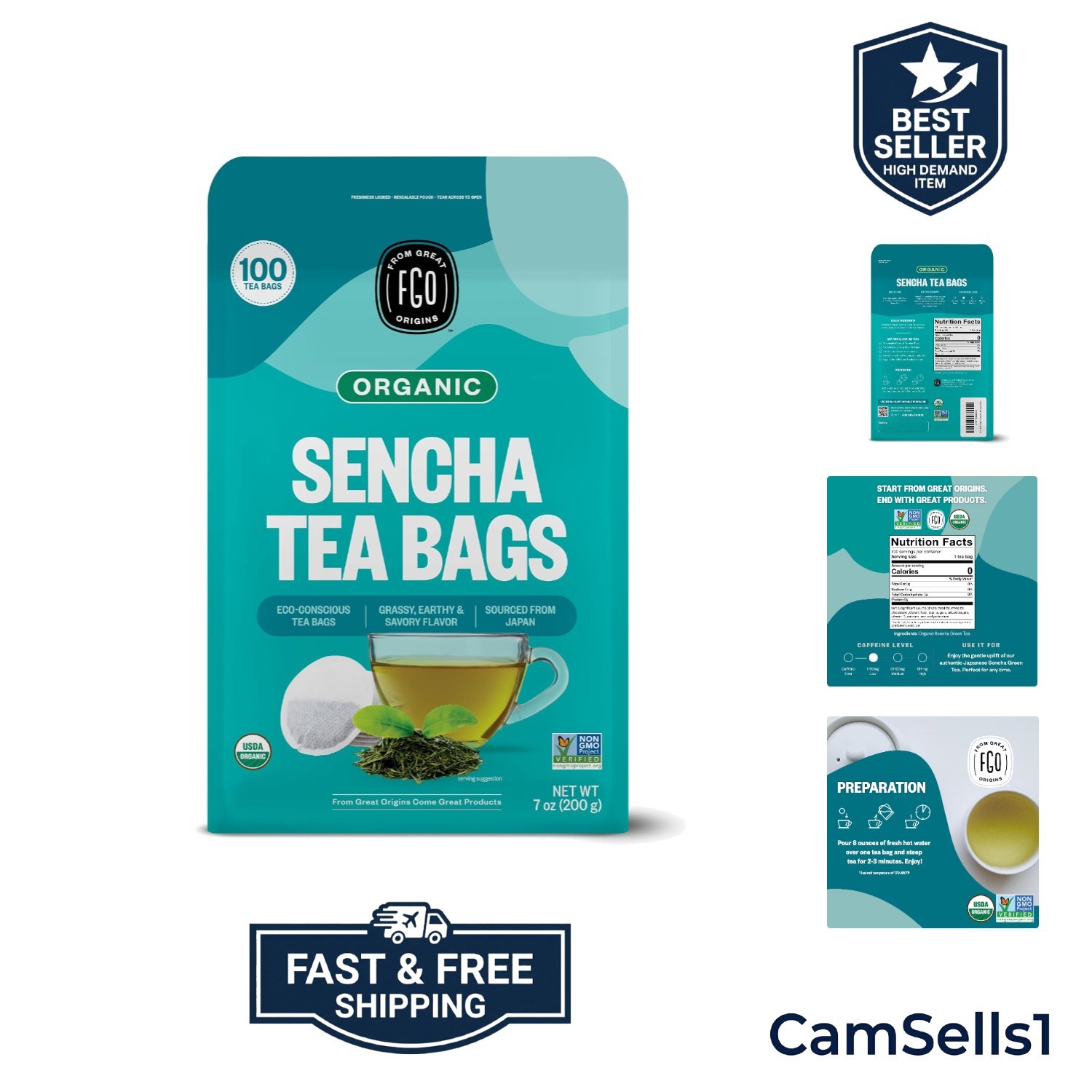 Organic Sencha Green Tea, 100 Count, Eco-Conscious Tea Bags, Resealable Bag, …