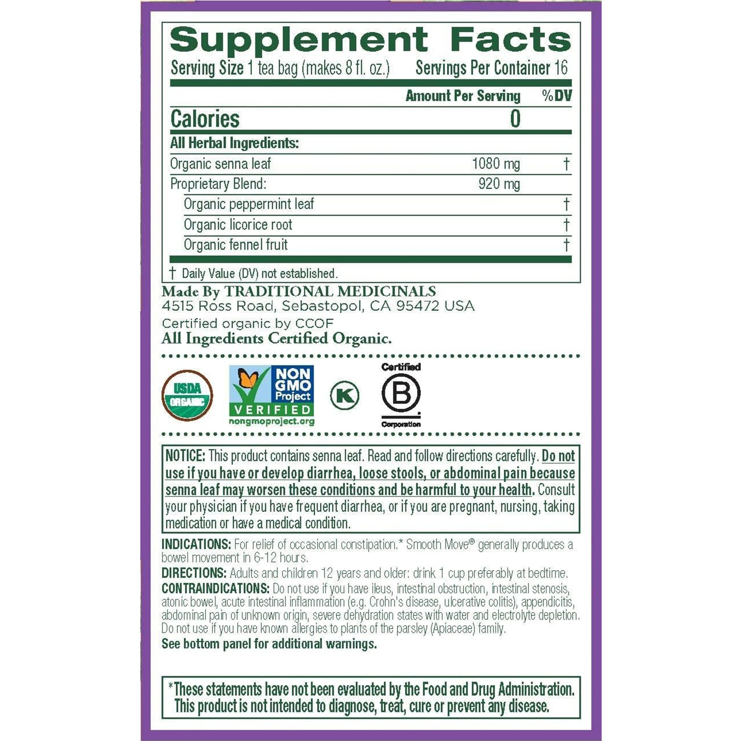 Traditional Medicinals Organic Smooth Move, Senna Peppermint, 16 Tea bags