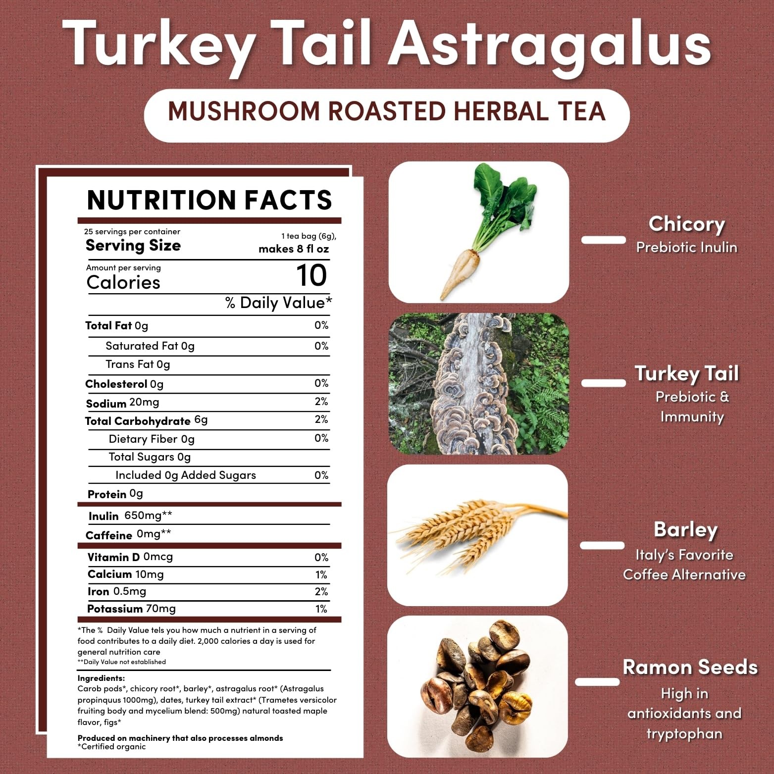 Mushroom Herbal Tea Turkey Tail Astragalus Toasted Maple Caffeine Free, Pre…