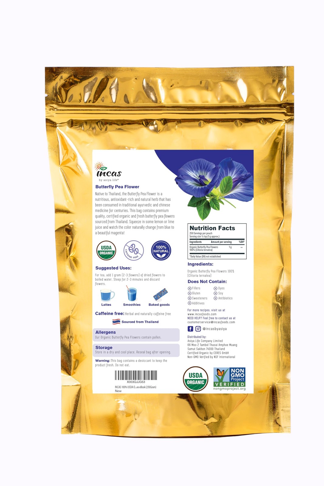 INCAS 100% USDA Organic Butterfly Pea Flower 8.82 oz 750+ Cups DIRECT FROM SO…