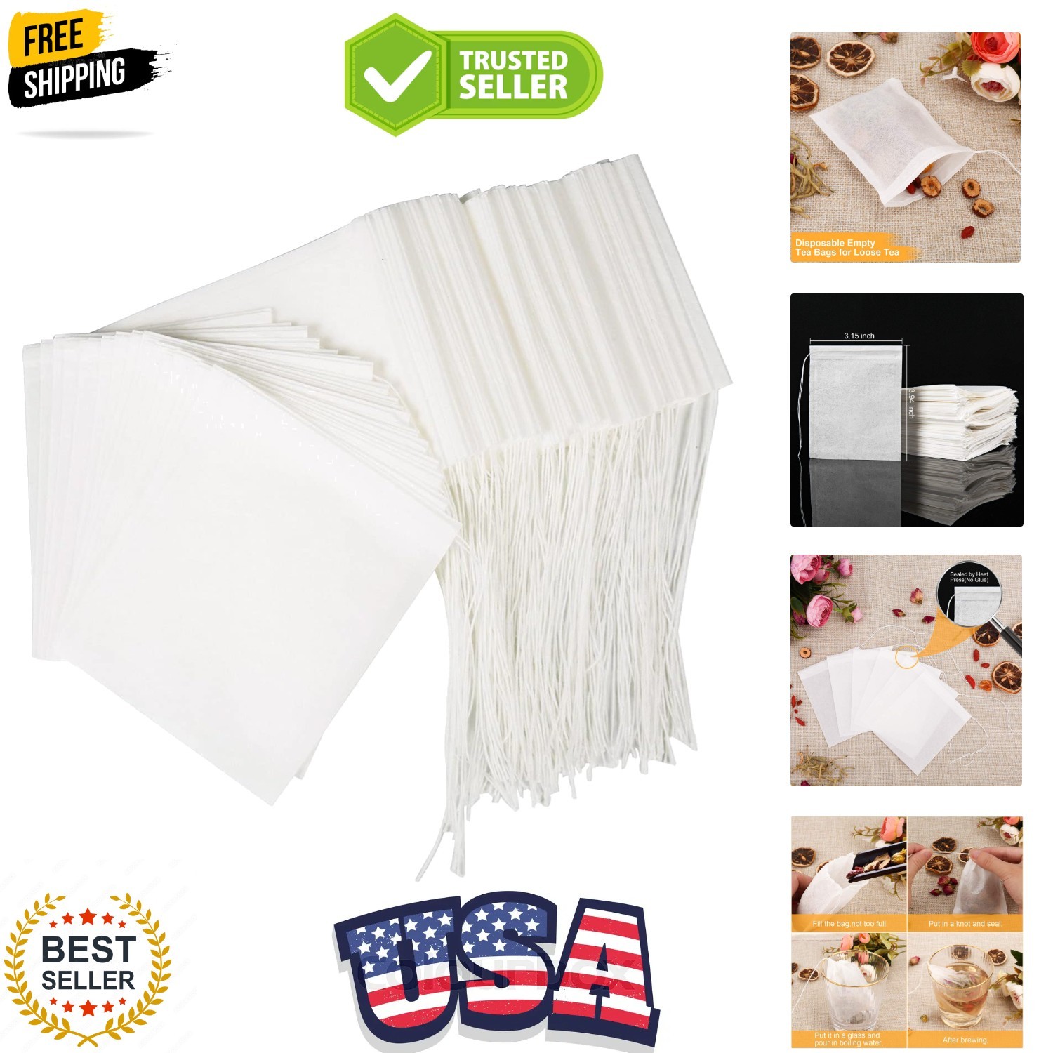 100PCS Tea Filter Bags, Disposable Tea Bags for Loose Leaf Tea, Drawstring Em…