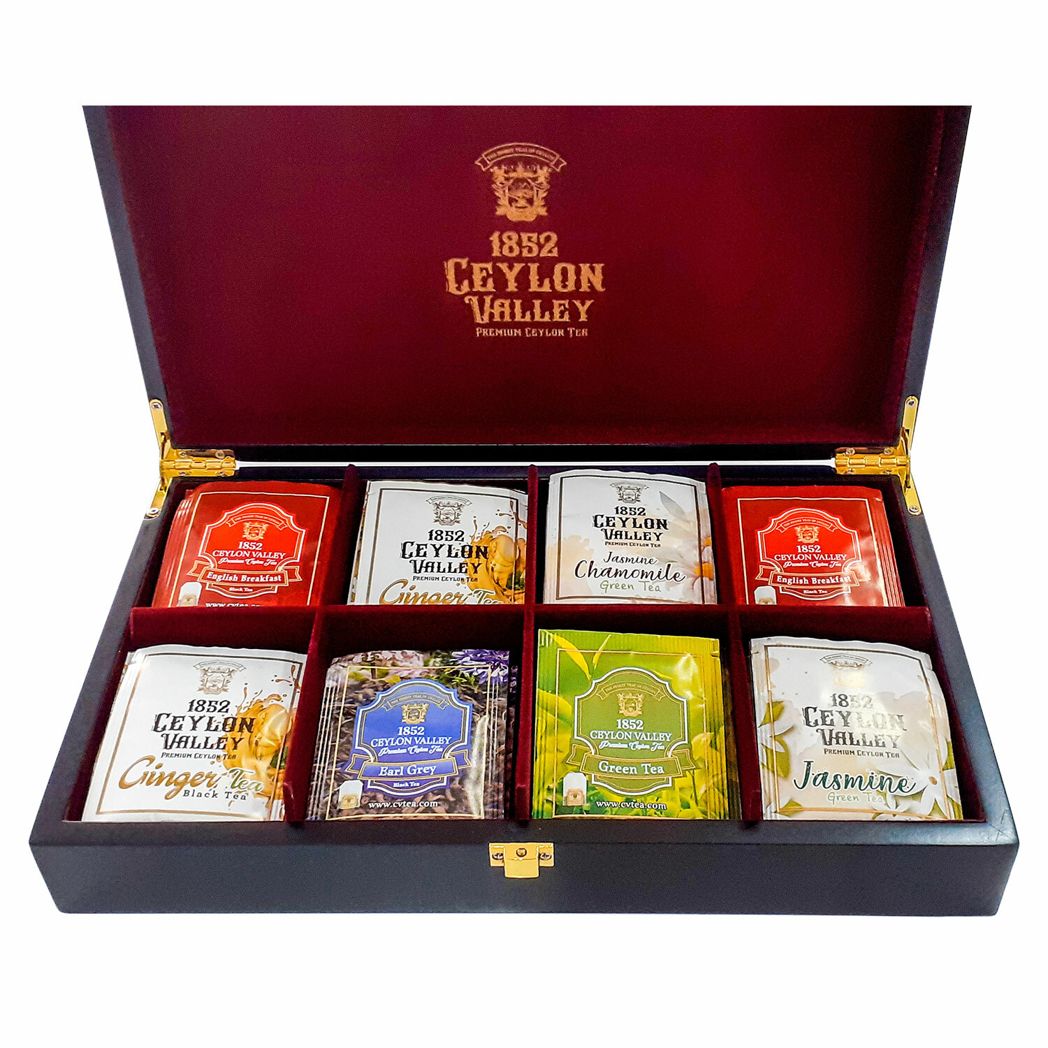 Ceylon Variety Gift Pack 8 Tea Flavors. 64 Enveloped Tea Bags in Wooden Gift Box