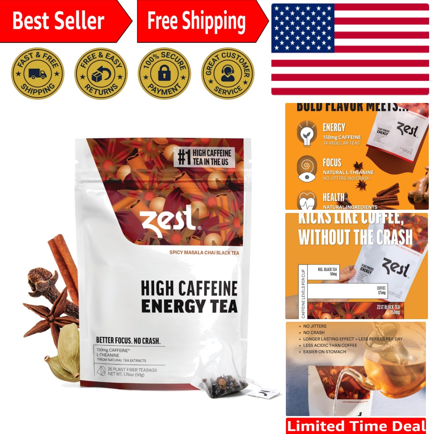 High Caffeine Spicy Masala Chai Tea – 20 Count, Natural and Energizing Choice